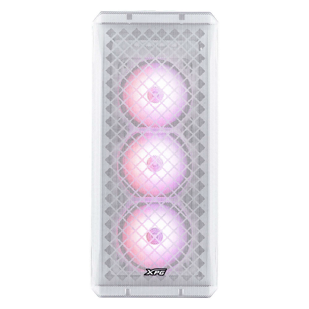 Un case per computer bianco con tre ventole illuminate che mostrano colori rosa e viola. Il logo XPG è visibile in basso.