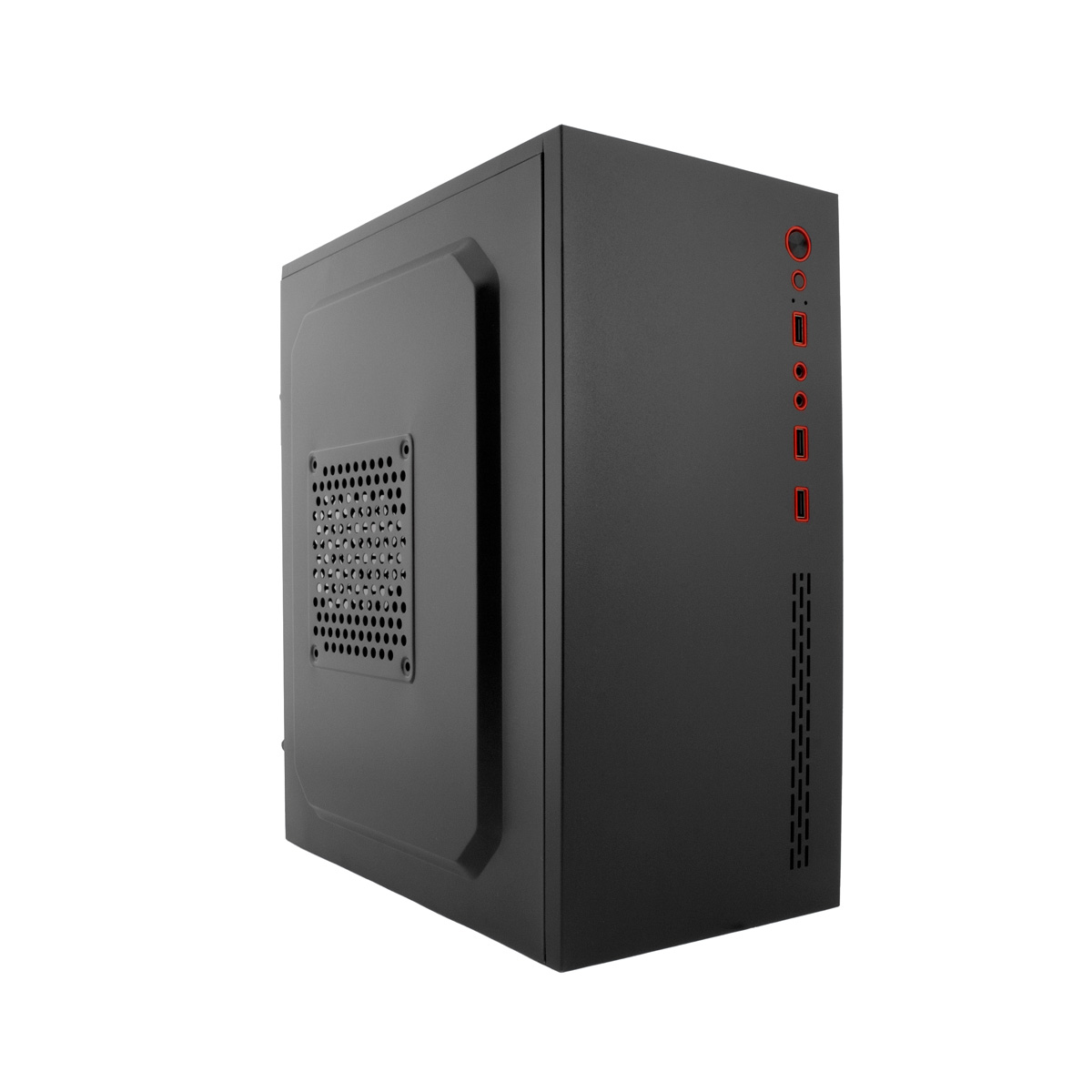 Case per computer nero con dettagli rossi. Dispone di porte anteriori, ventilazione e pannello laterale con ventola.