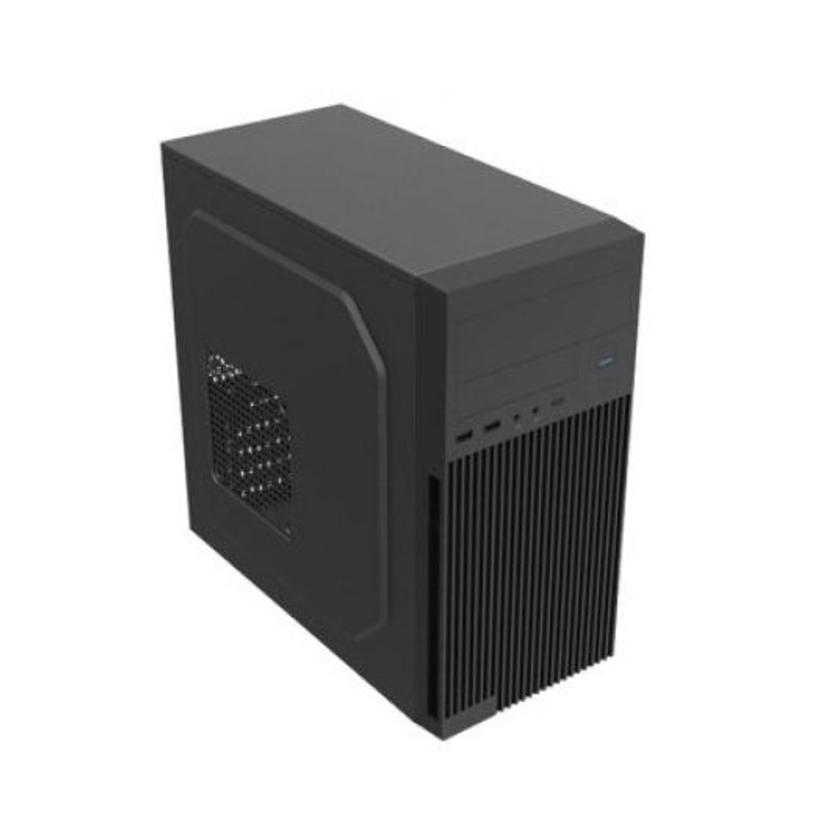 Una carcasa de ordenador negra. Tiene una ventilación de malla en el lateral y líneas verticales en el frontal. El fondo es blanco.