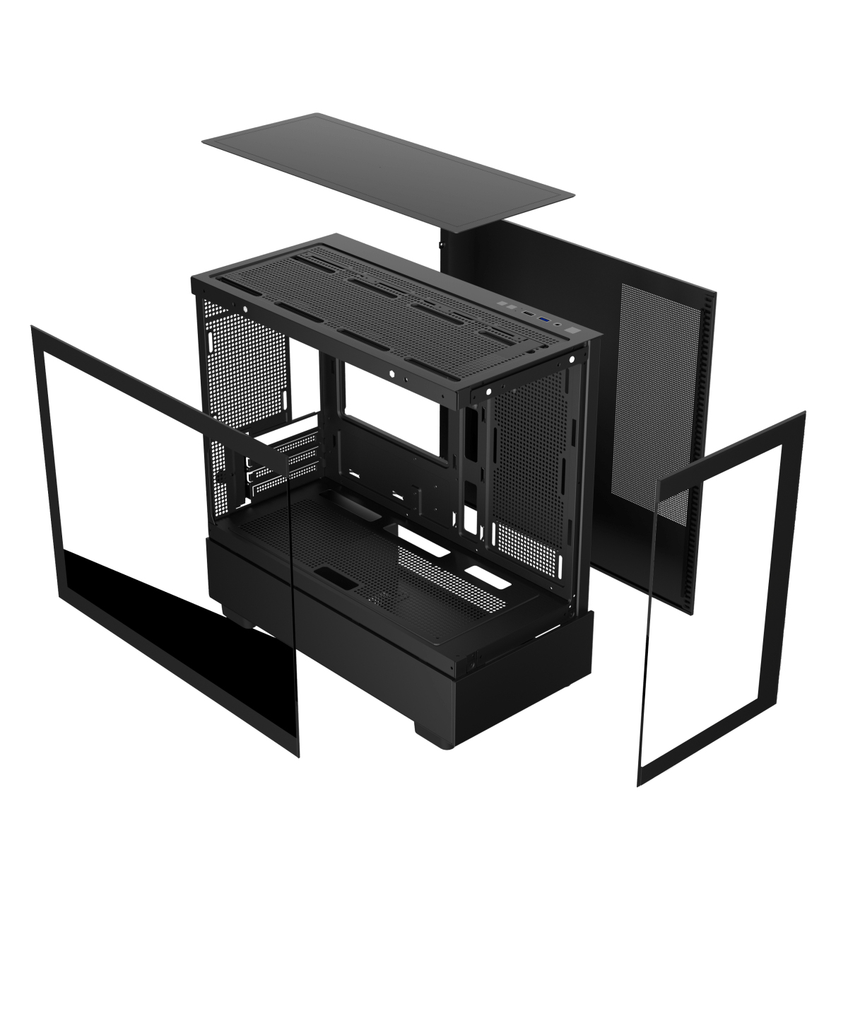 Case per computer nero smontato. Le parti includono pannelli laterali, coperchio superiore e telaio. Tutti i componenti sono neri, con sfondo bianco.