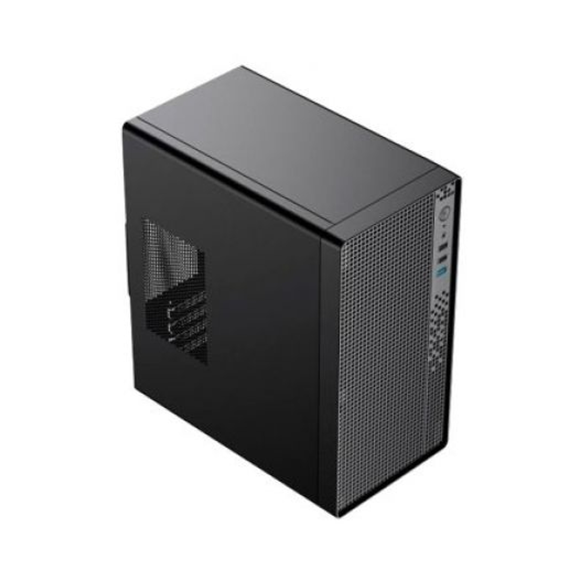 Un case nero per computer su sfondo bianco. La parte anteriore ha un design a rete e il lato ha porte e pulsanti.