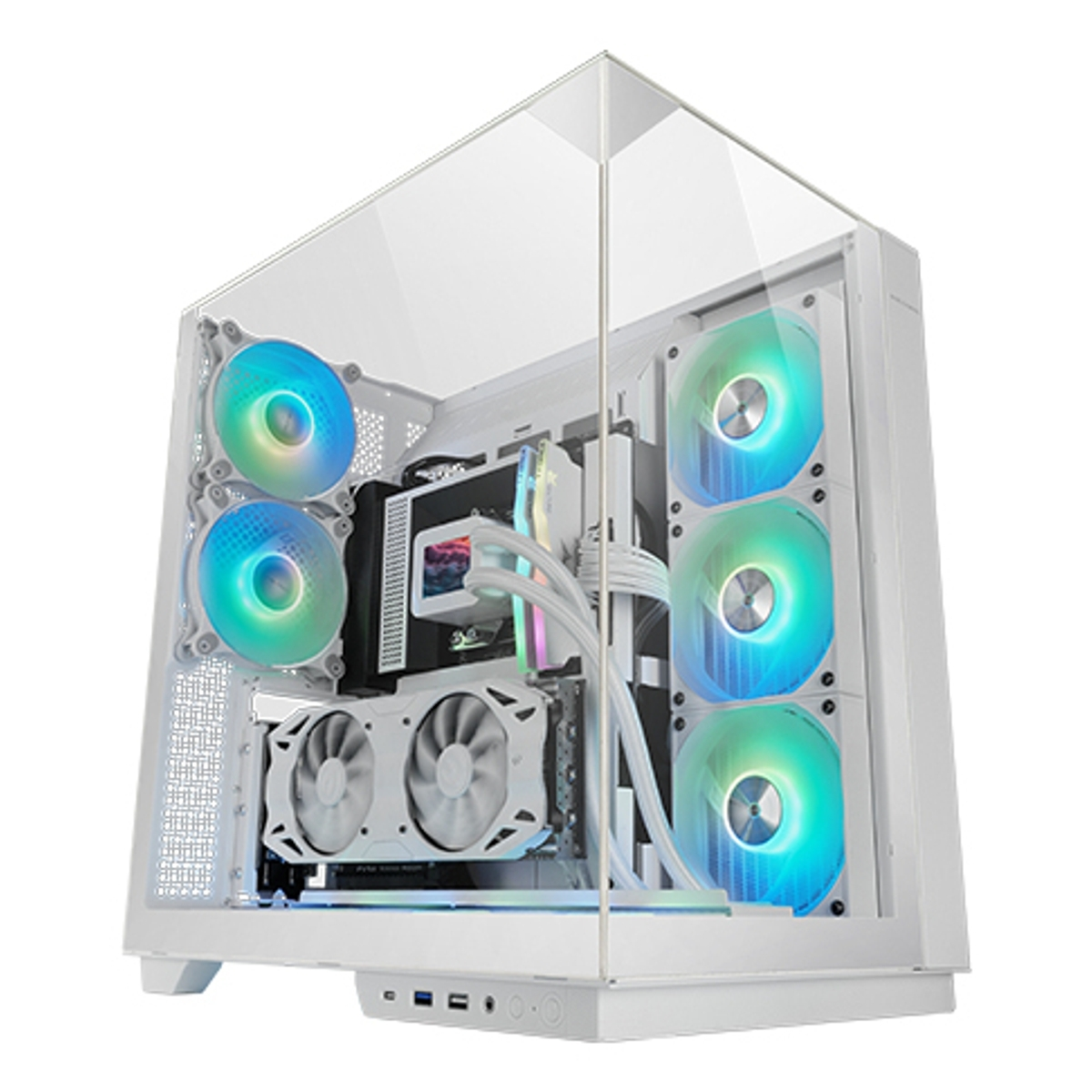 Una caja de PC blanca con panel de vidrio. En el interior, componentes con ventiladores coloridos son visibles.