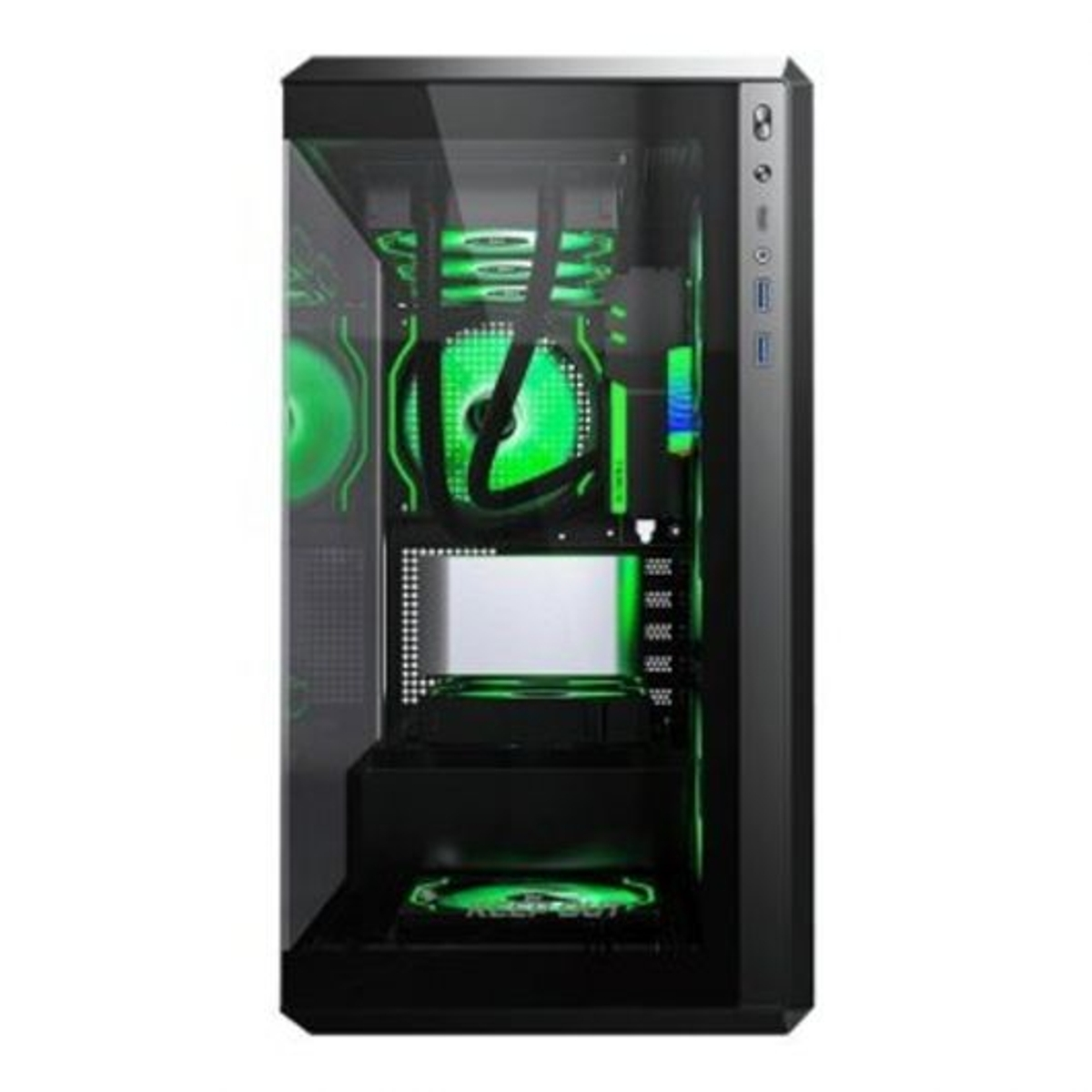 Case per computer nero con lato in vetro. L'illuminazione a LED verde illumina i componenti interni, tra cui ventole e raffreddamento a liquido.