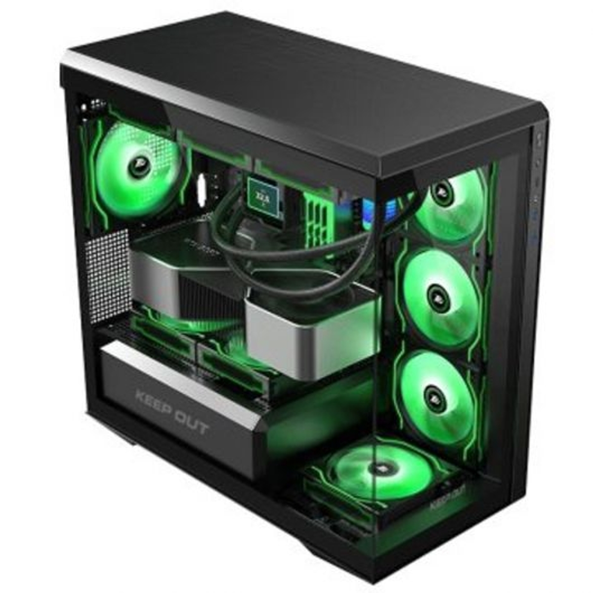 Case per computer nero con ventole e componenti illuminati di verde. Ha un pannello laterale in vetro. I componenti interni sono visibili.