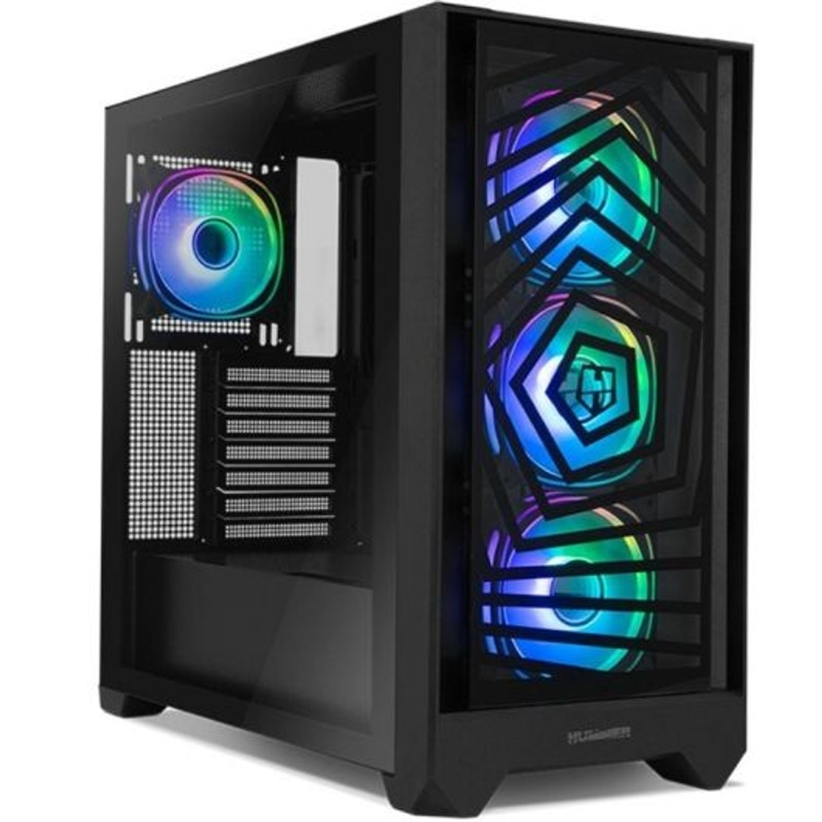 Czarna obudowa komputera z przezroczystym panelem bocznym. Posiada wentylatory w kolorach tęczy i komponenty wewnętrzne. Obudowa stoi na solidnej powierzchni.