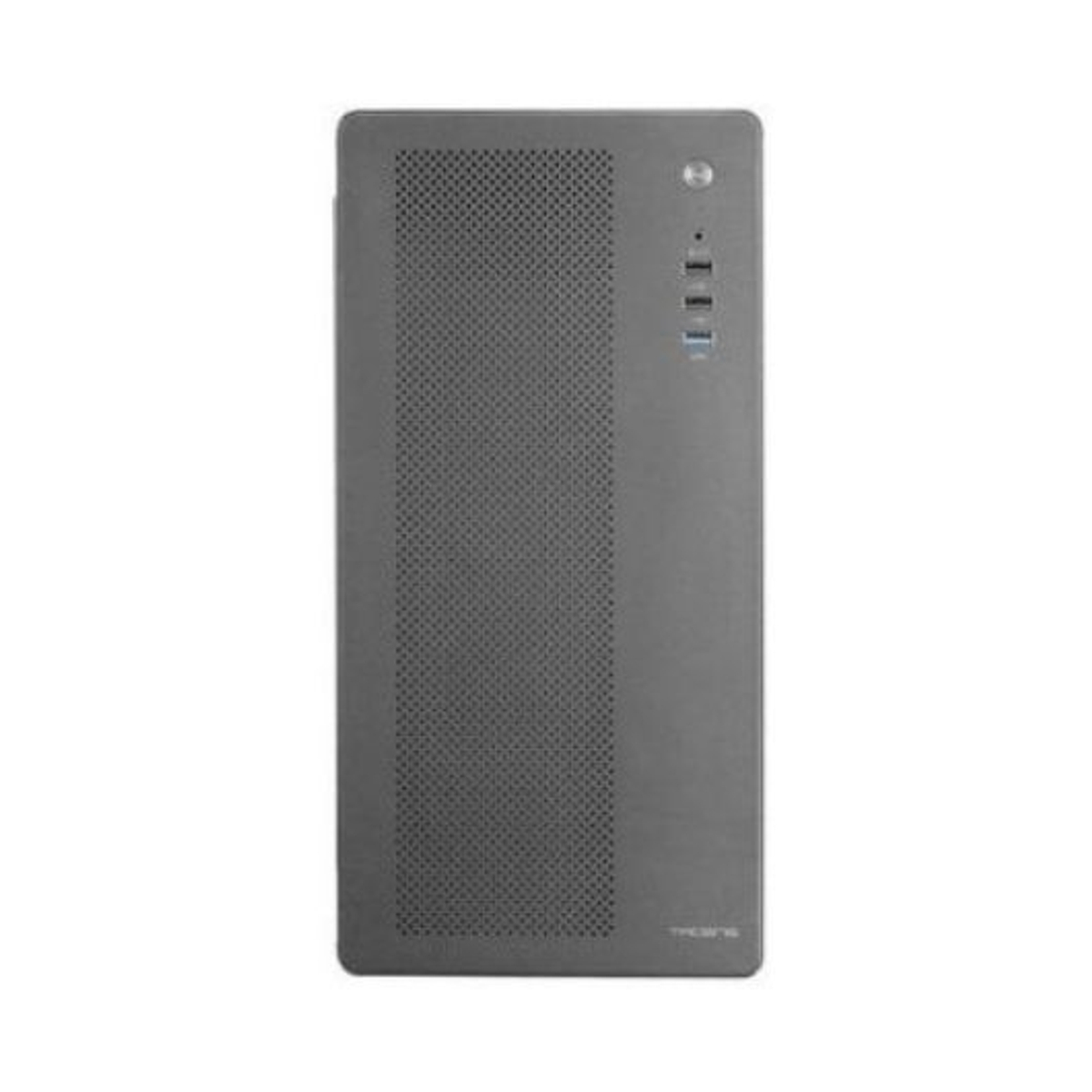 Un case grigio per computer con un pannello frontale perforato e alcune porte e pulsanti sul lato destro.