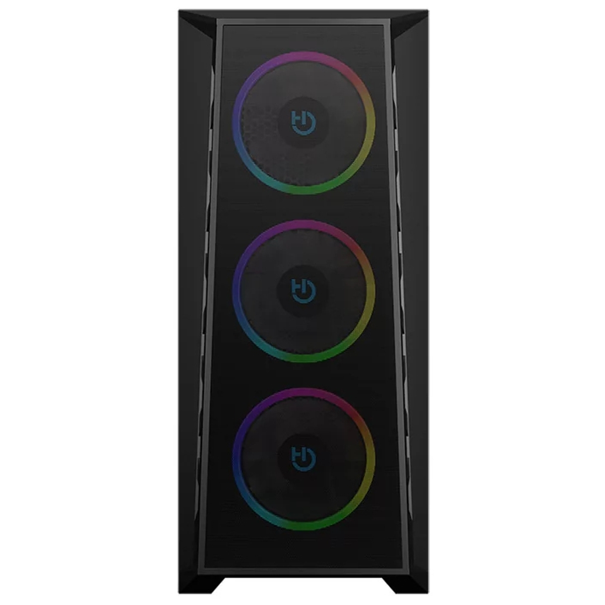 Case per computer nero con tre ventole illuminate. Ogni ventola ha un logo centrale e un anello luminoso arcobaleno.