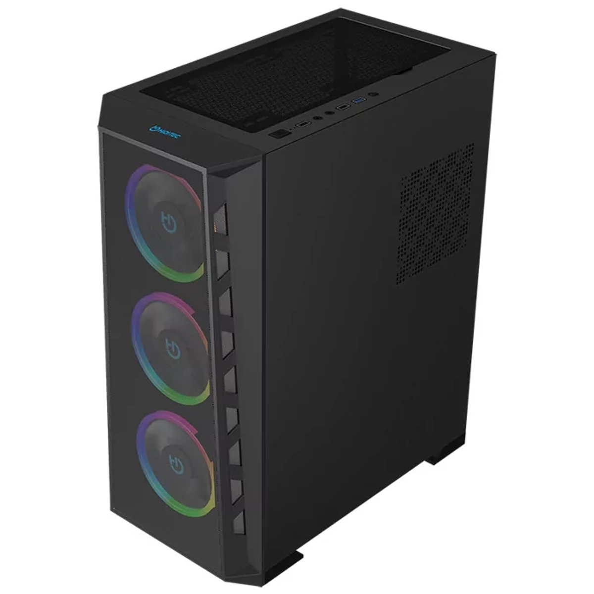 Case per computer nero con tre ventole anteriori che mostrano colori arcobaleno. Ha una parte superiore a rete e un pannello laterale perforato.