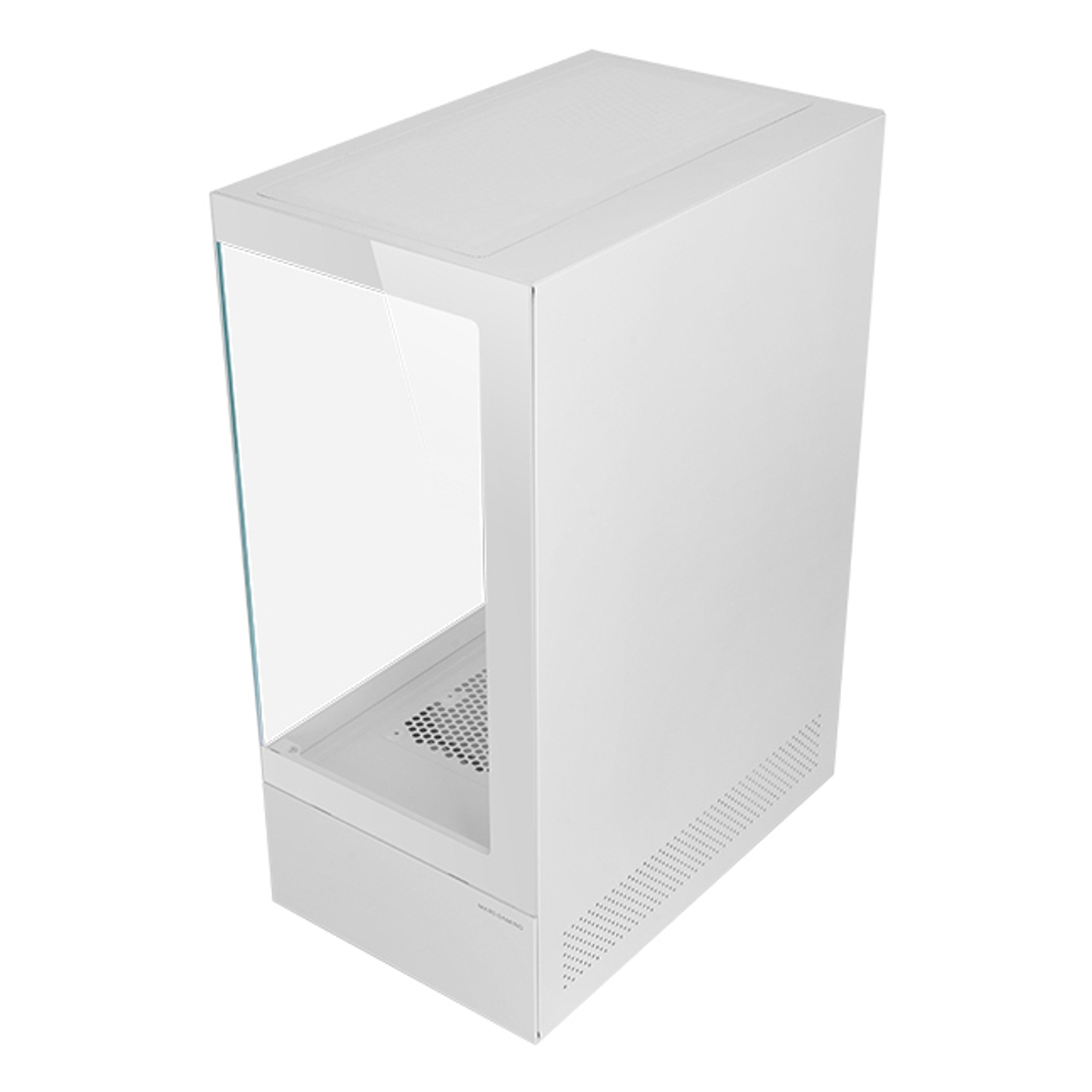 Un case per computer bianco con un pannello laterale in vetro e una sezione perforata per la ventilazione. Design moderno e minimalista.