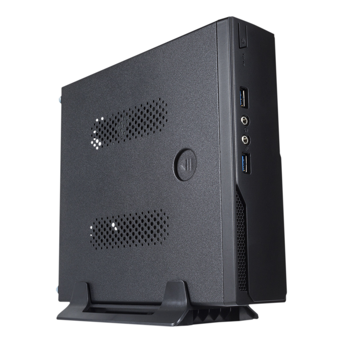 Un case per computer desktop nero su sfondo bianco. Ha prese d'aria, porte USB e un pulsante di accensione.