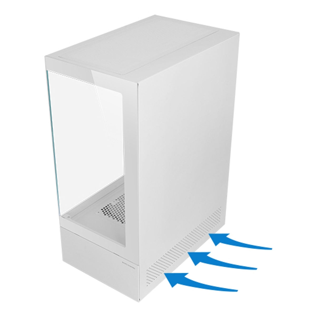 Un case per computer bianco con un pannello laterale in vetro. Frecce blu indicano il flusso d'aria. Il case ha prese d'aria.