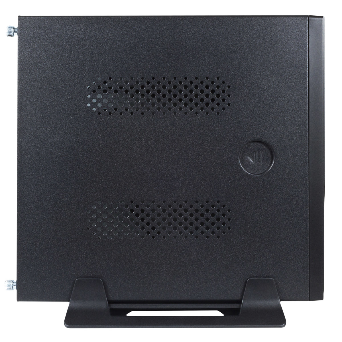 Un case del computer nero. Ha due file di fori di ventilazione, un pulsante di accensione e un supporto.