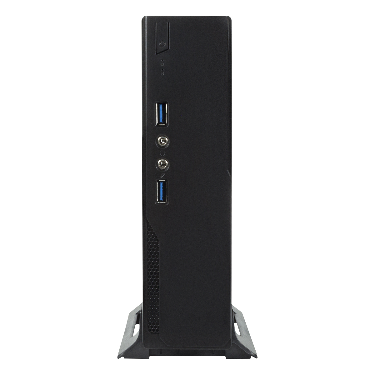 Un tower computer nero è in piedi su un supporto nero. Ha porte USB, pulsante di accensione e jack audio. Isolato su sfondo bianco.