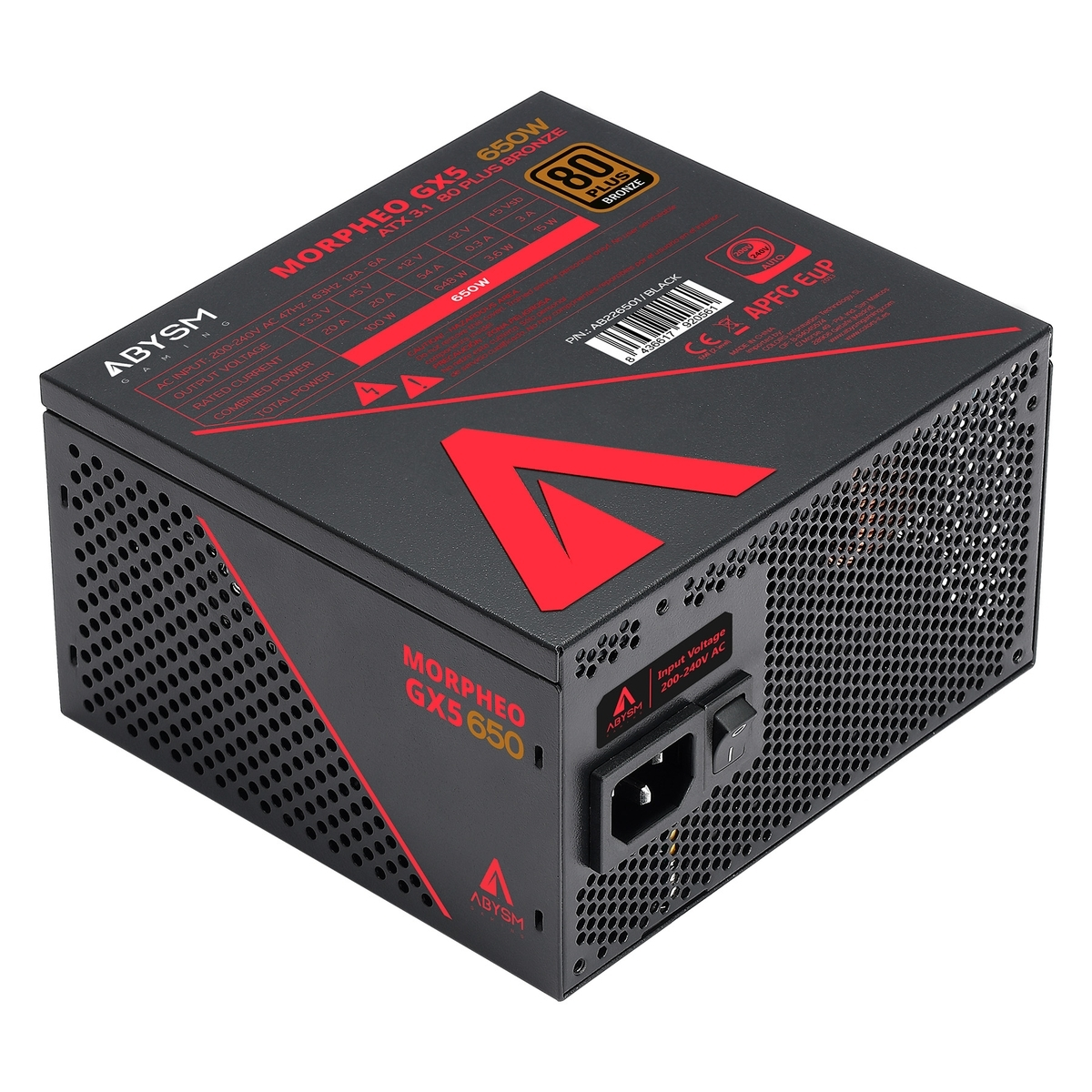 Una fuente de alimentación para computadora negra y roja. Tiene la marca MORPHEO GX5 650W y el logotipo 80 Plus Bronze.