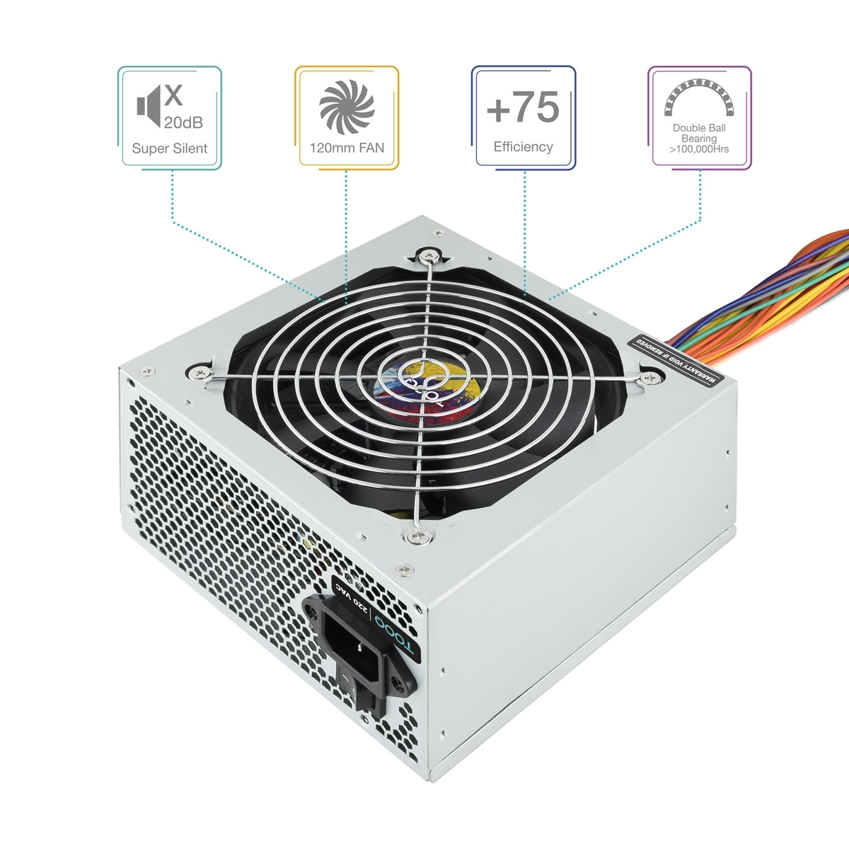 Fuente de alimentación plateada con ventilador y varias etiquetas que indican características como eficiencia, tamaño del ventilador y nivel de ruido.