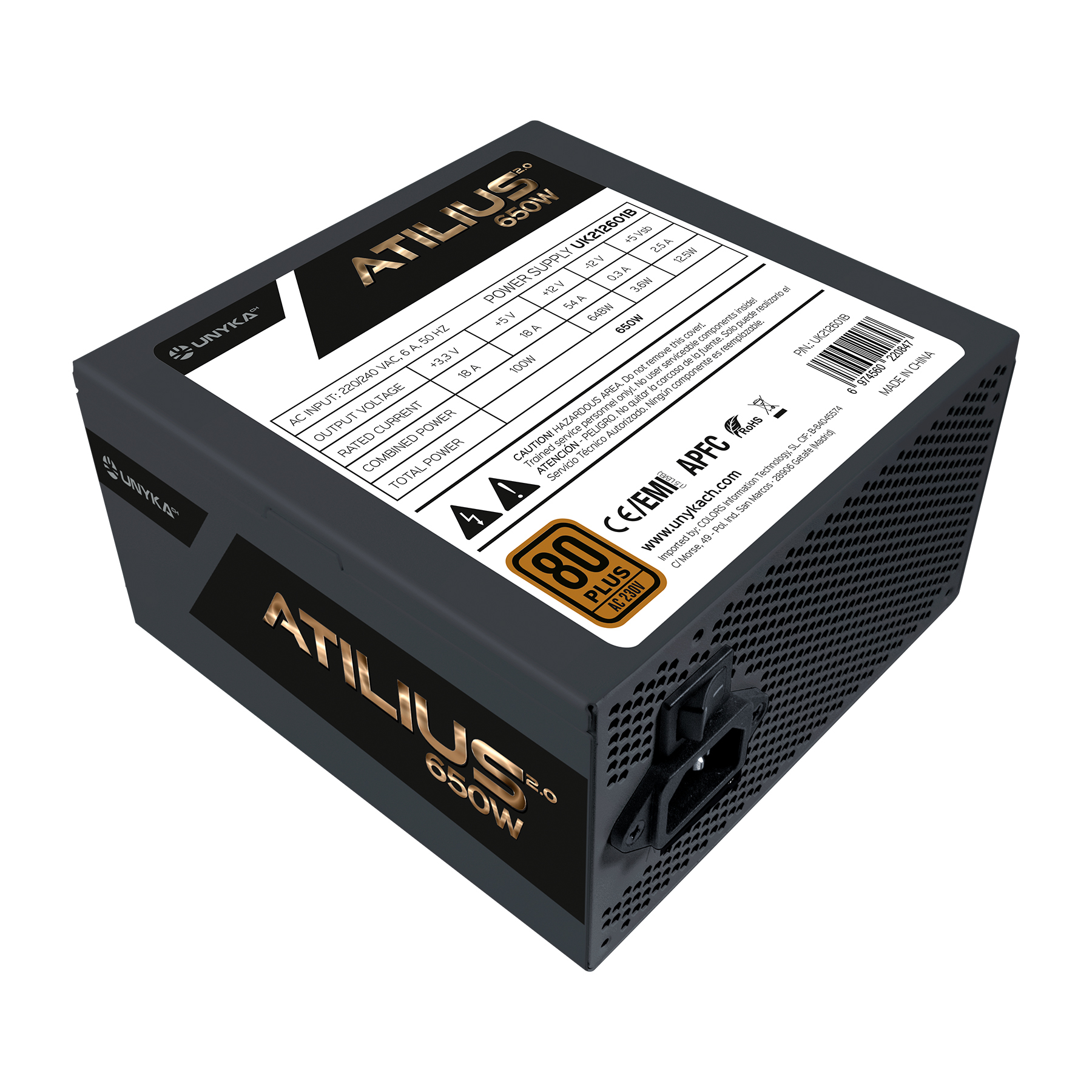 Un alimentatore ATILIUS 650W nero. Ha etichette delle specifiche, un ingresso di alimentazione e una griglia per ventole.