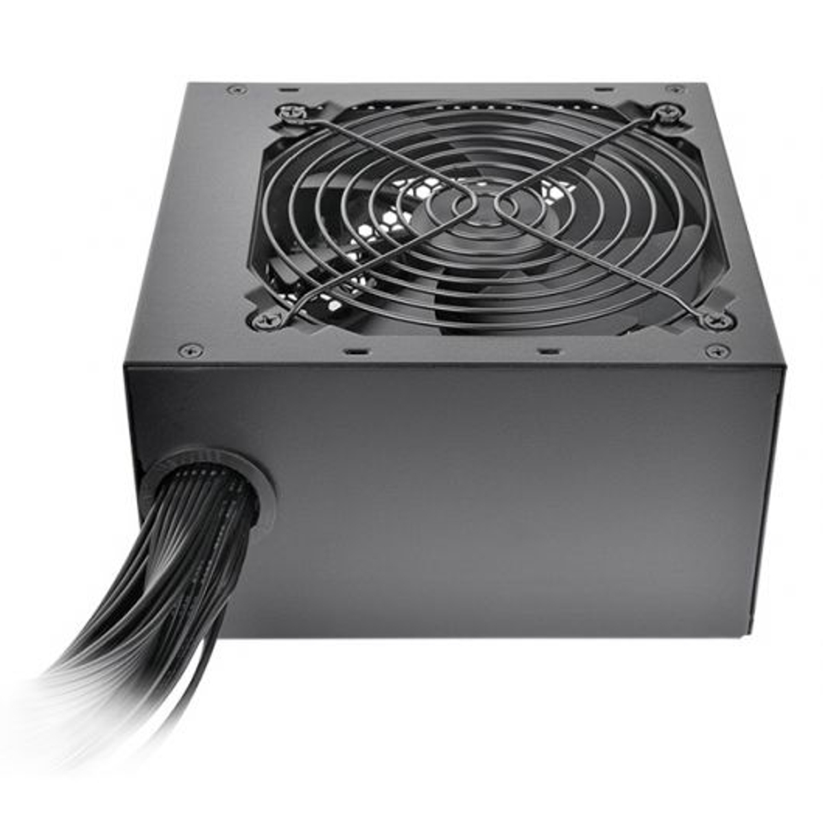 Czarny zasilacz komputerowy z wentylatorem, metalową kratką i wiązką czarnych kabli wychodzących z boku.