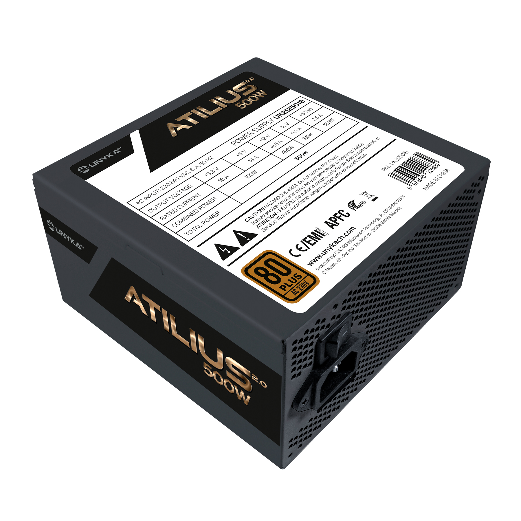 Una fuente de alimentación negra Unyka Atilius 500W. Tiene etiquetas con especificaciones técnicas y certificación 80 Plus.