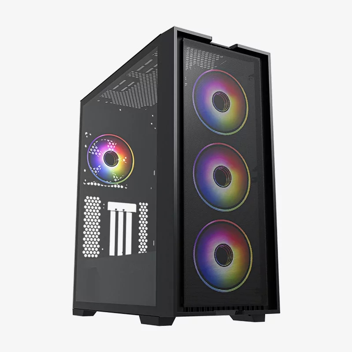 Case per computer nero con pannello laterale e frontale in vetro. Ha tre ventole RGB frontali e una laterale.