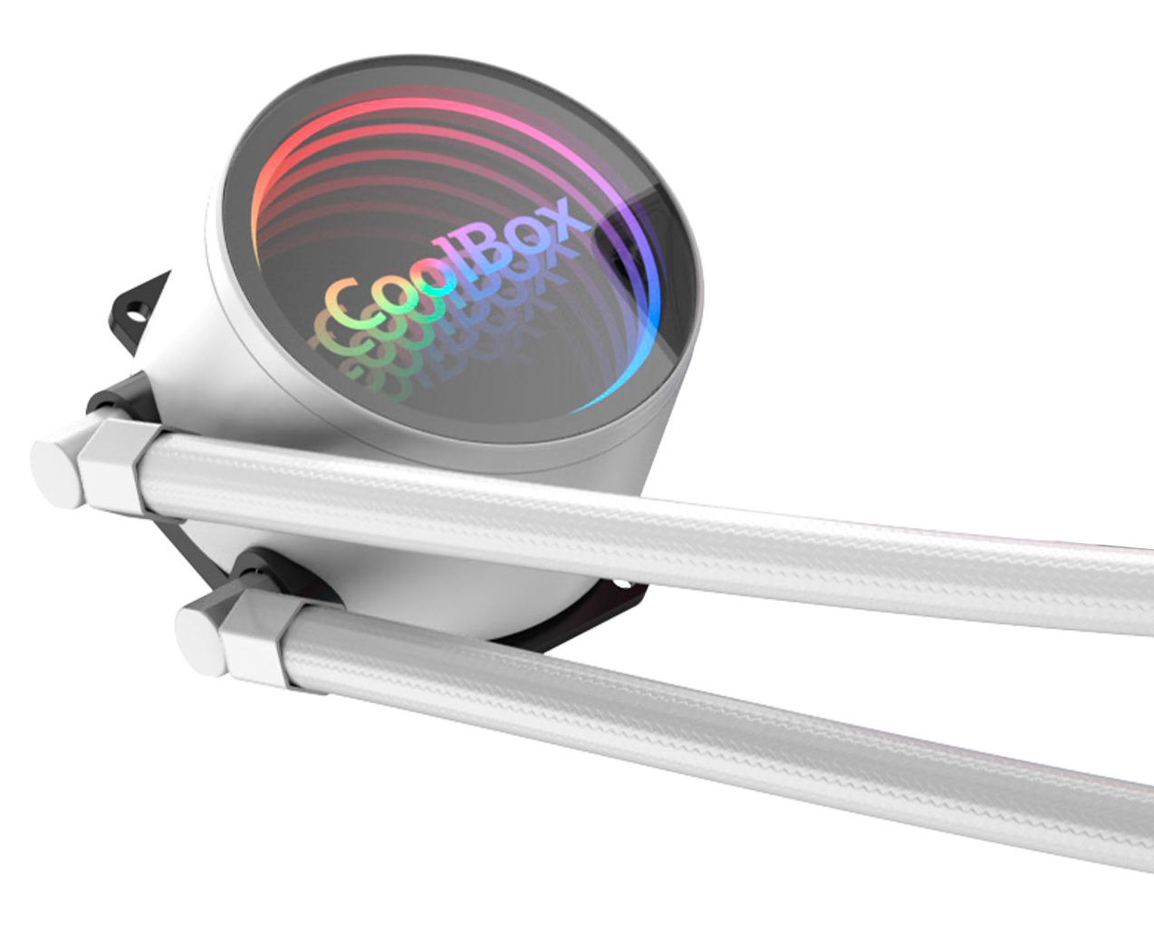 Un enfriador líquido de computadora blanco con la palabra 'CoolBox' en la pantalla circular y dos tubos plateados.