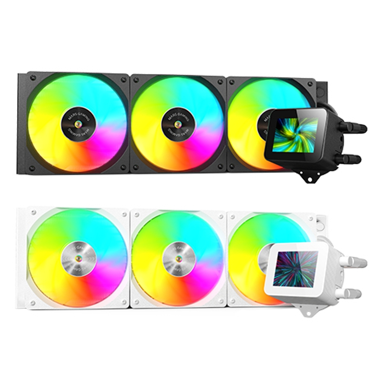 Dos refrigeradores líquidos para computadora. Cada uno tiene tres ventiladores con luces de arcoíris. Uno es negro, el otro blanco, ambos con pequeñas pantallas.