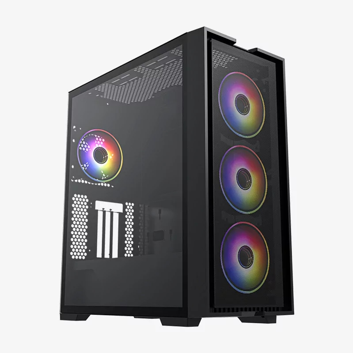Un case per computer nero con un pannello laterale in vetro. Ha tre ventole colorate e una più piccola sul davanti.