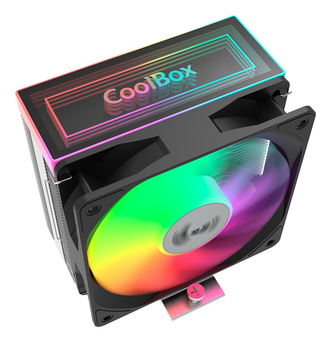 Un enfriador de computadora con marco negro y ventilador arcoíris, la marca CoolBox está en la parte superior.