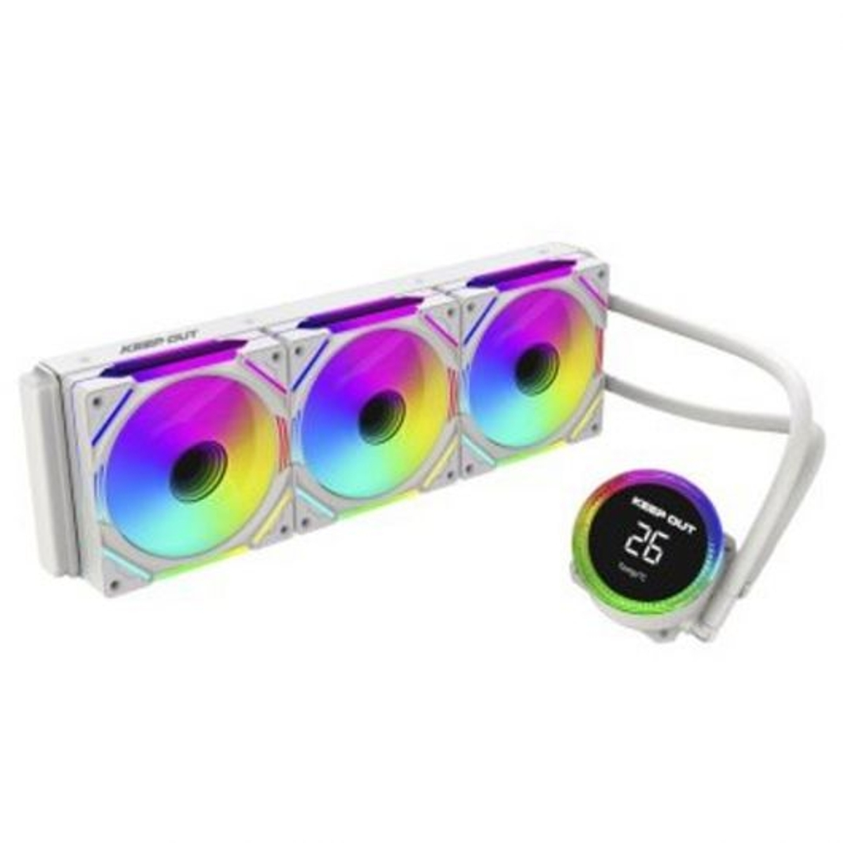 Un sistema de refrigeración líquida para computadora blanco con tres ventiladores y una pantalla de temperatura. Los ventiladores tienen luces arcoíris.