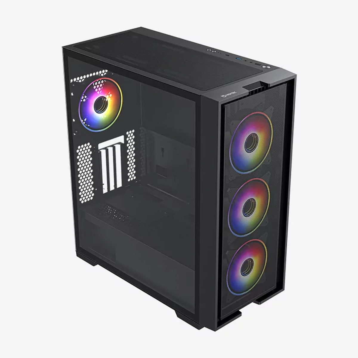Un case per computer nero con pannello laterale in vetro. Ha ventole a LED arcobaleno. Davanti ci sono tre ventole, sul lato una. Sfondo bianco.