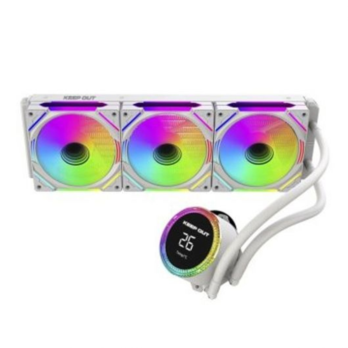 Sistema de refrigeración para computadora blanco con tres ventiladores arcoíris y una pantalla digital que muestra 26 grados. Tubos blancos los conectan.