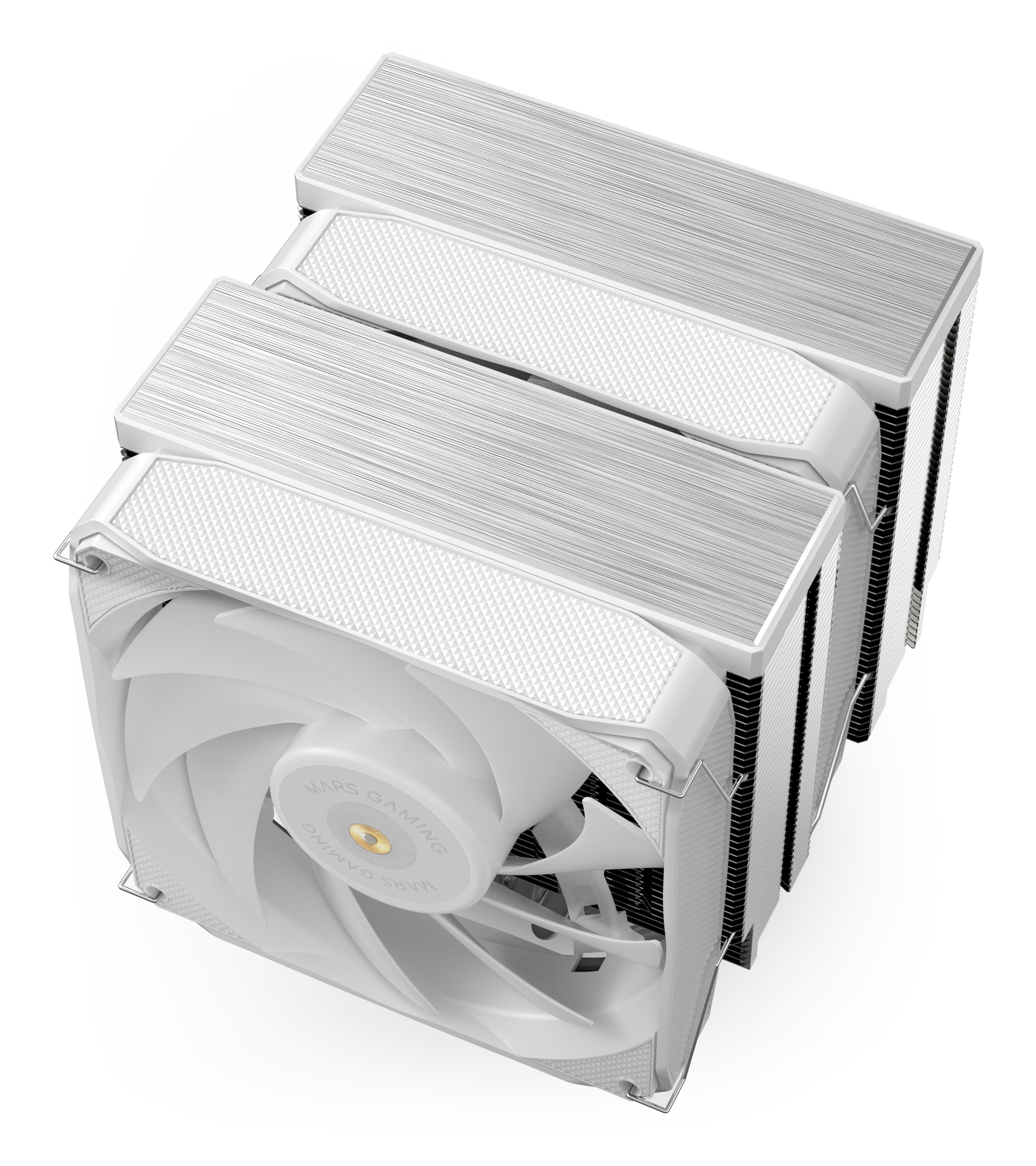 Un enfriador de CPU blanco con ventilador y aletas de disipación. La marca MARS GAMING es visible.
