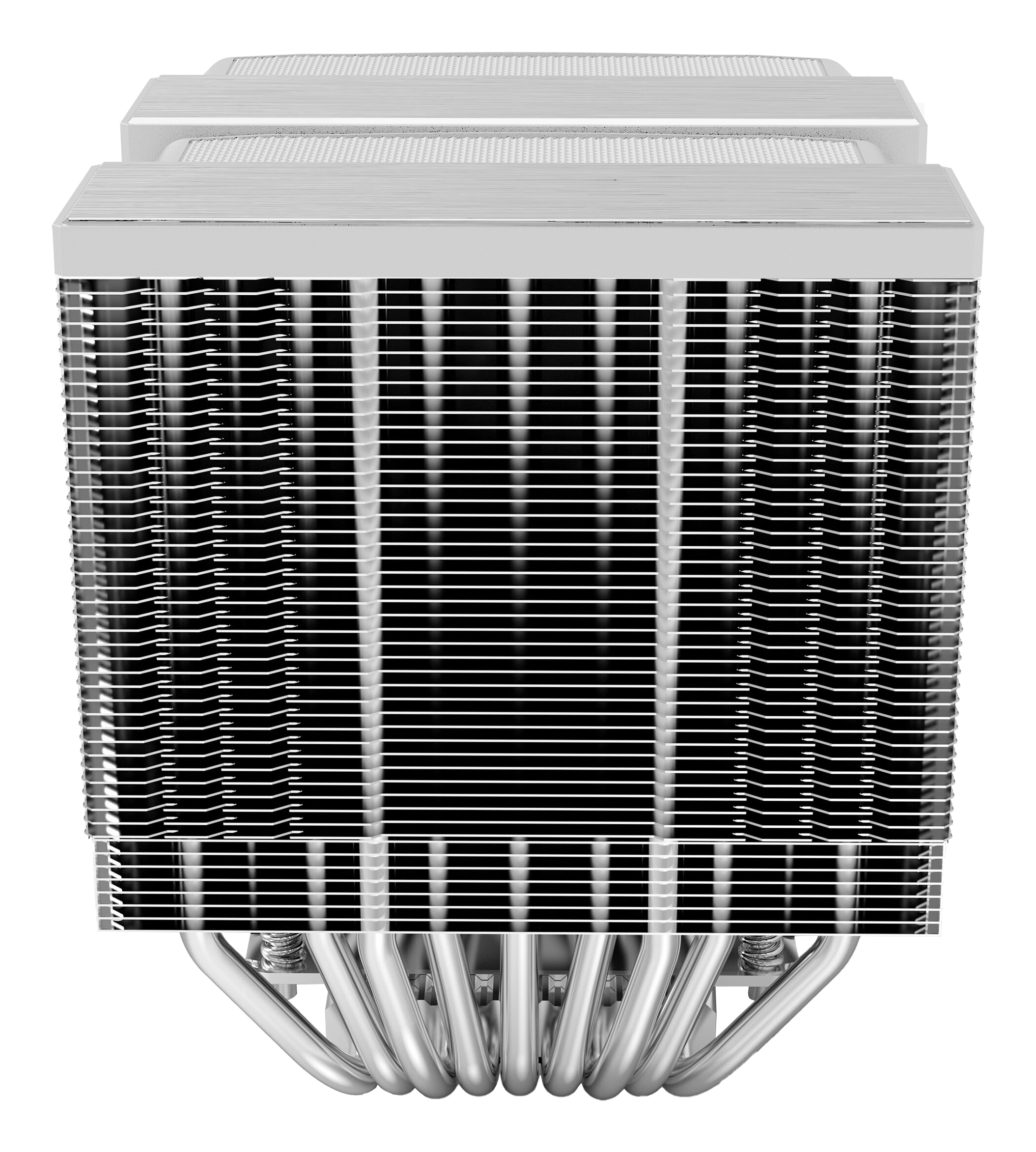 Un enfriador de CPU plateado con muchas aletas y tubos, aislado sobre blanco. Es un componente de ordenador.