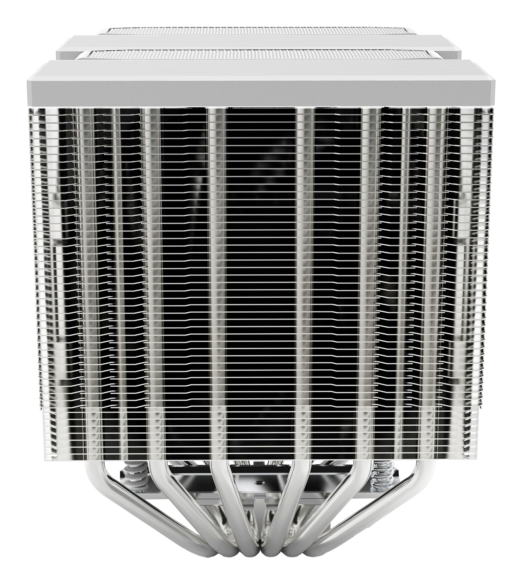 Un enfriador de CPU plateado con muchas aletas paralelas. La base tiene tubos curvos. El fondo es blanco.