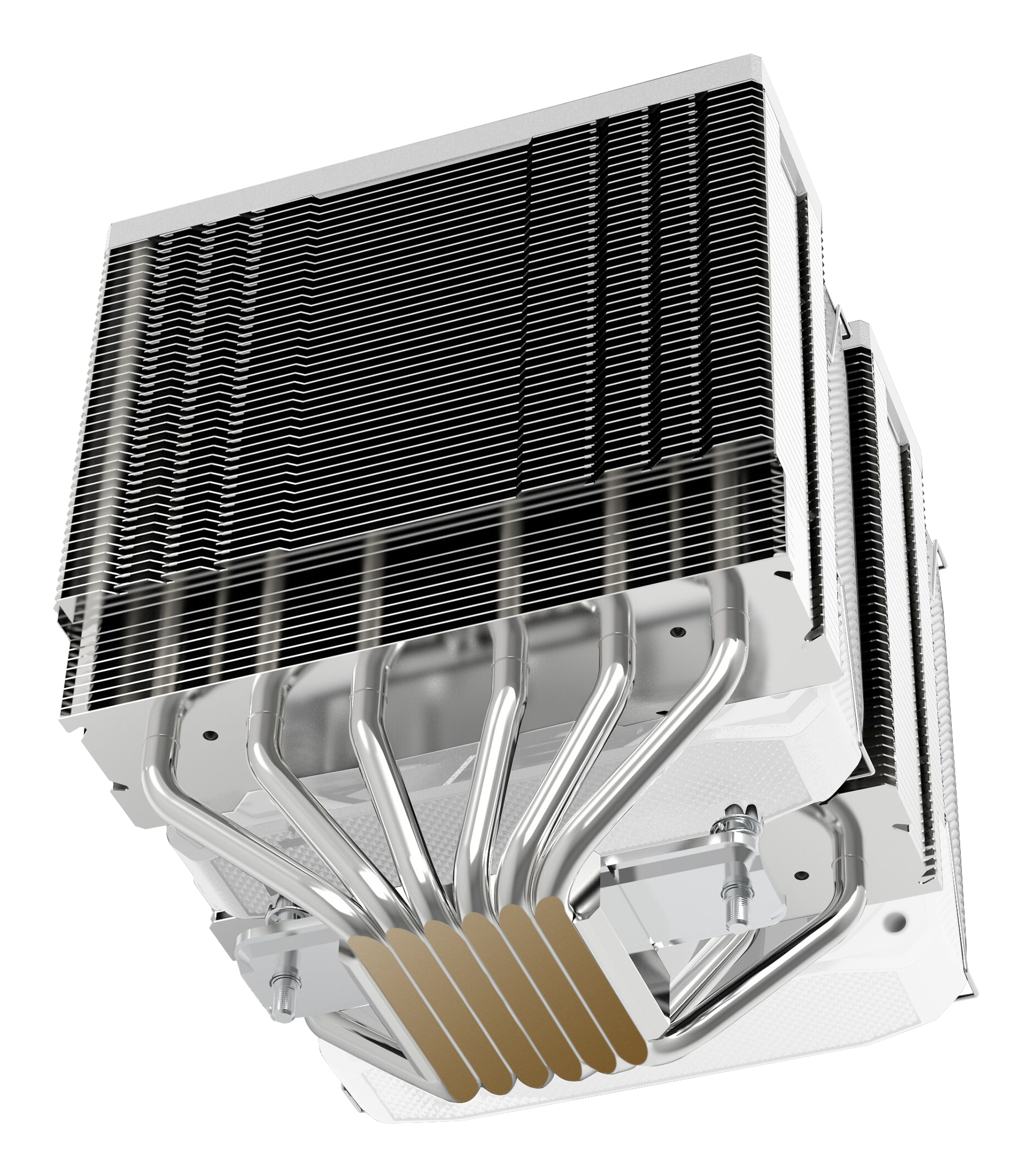 Un enfriador de CPU de computadora con aletas metálicas y tubos de calor. El enfriador es plateado, negro y beige, sobre fondo blanco.