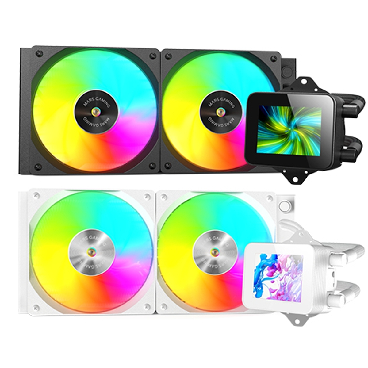 Dos juegos de ventiladores de computadora con iluminación de arcoíris. Cada juego incluye dos ventiladores y una pequeña pantalla con gráficos coloridos.