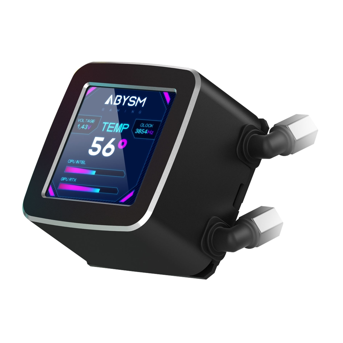 Un componente de computadora negro y plateado con una pantalla que muestra la temperatura, el voltaje y la velocidad del reloj. Tiene tubos que se extienden desde el costado.