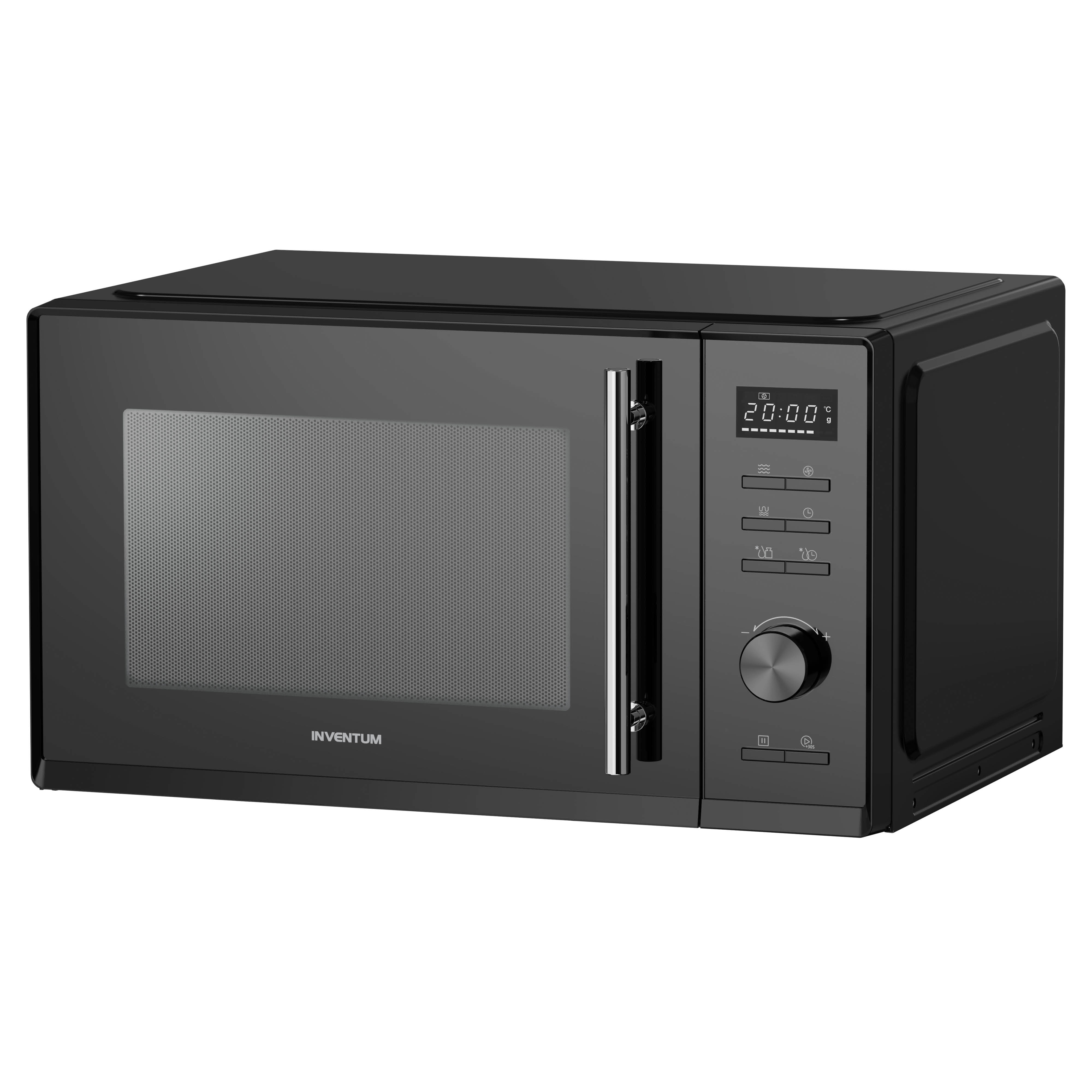 Four à micro-ondes noir. Il dispose d'une horloge numérique et de boutons de commande. La porte a une poignée. La marque est Inventum.
