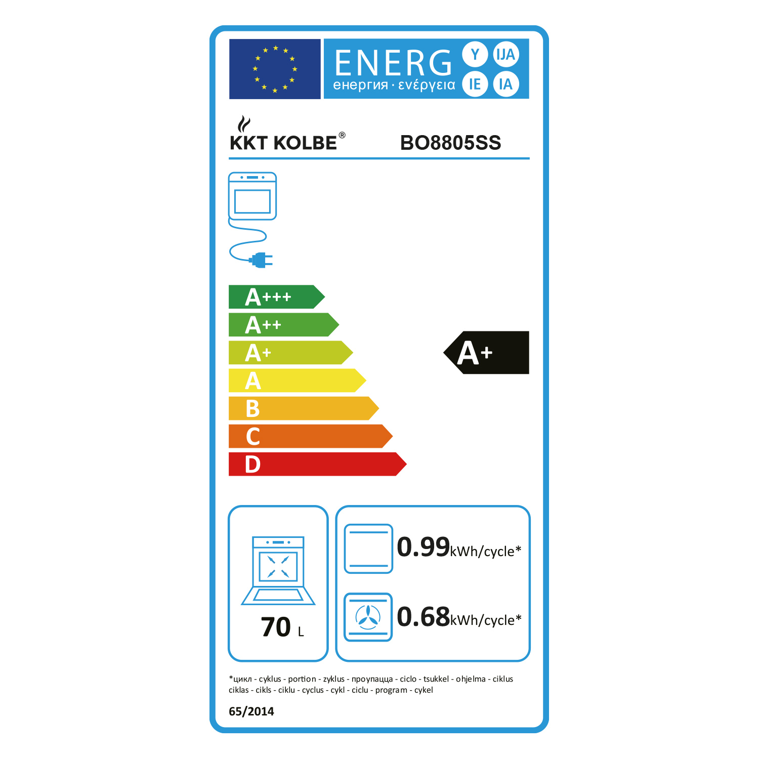 Energielabel für einen KKT KOLBE Backofen, Modell BO8805SS. Es zeigt Energieeffizienzklassen, einschließlich A+ und Verbrauch pro Zyklus.