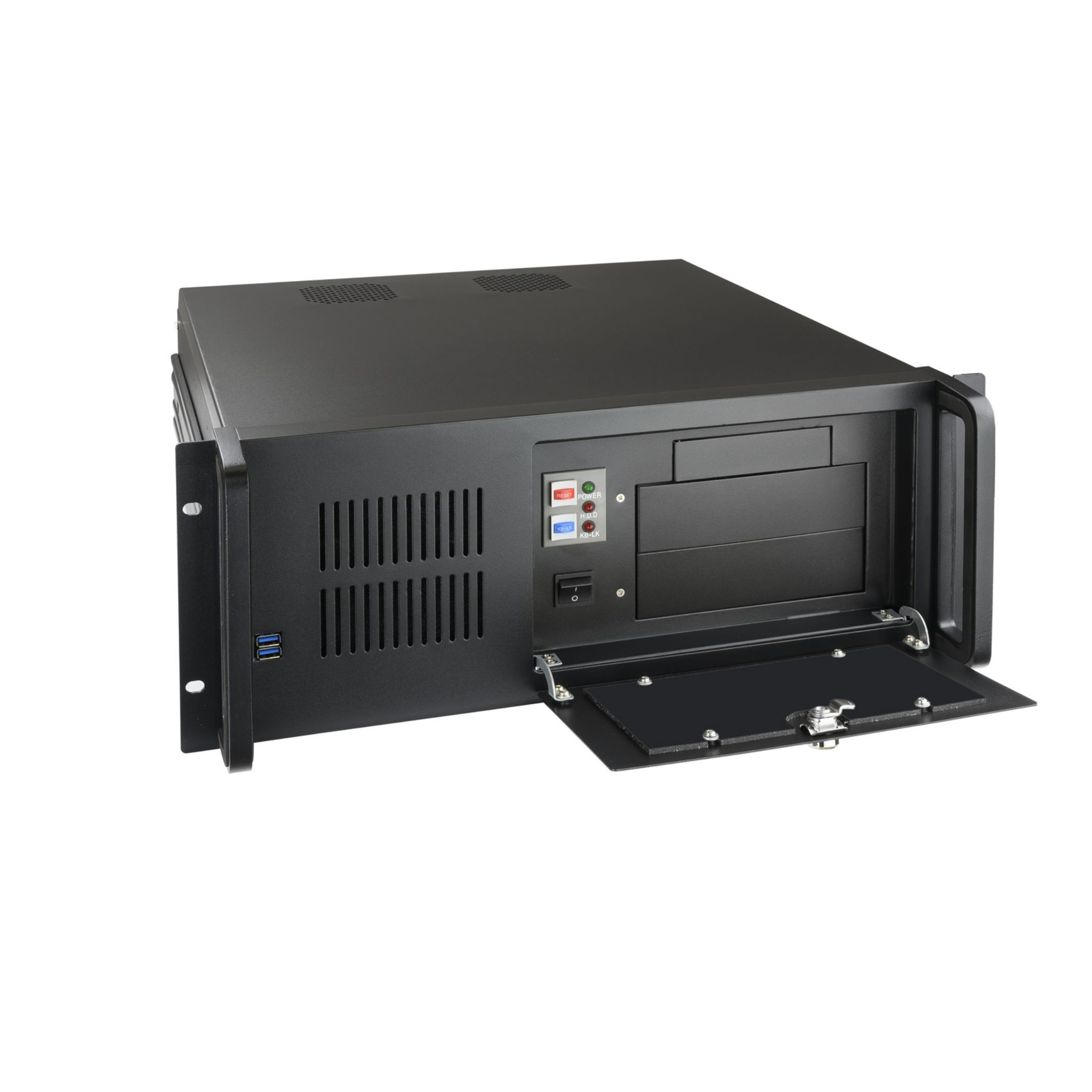Una carcasa negra de servidor de computadora está abierta, mostrando componentes internos y una puerta abierta.