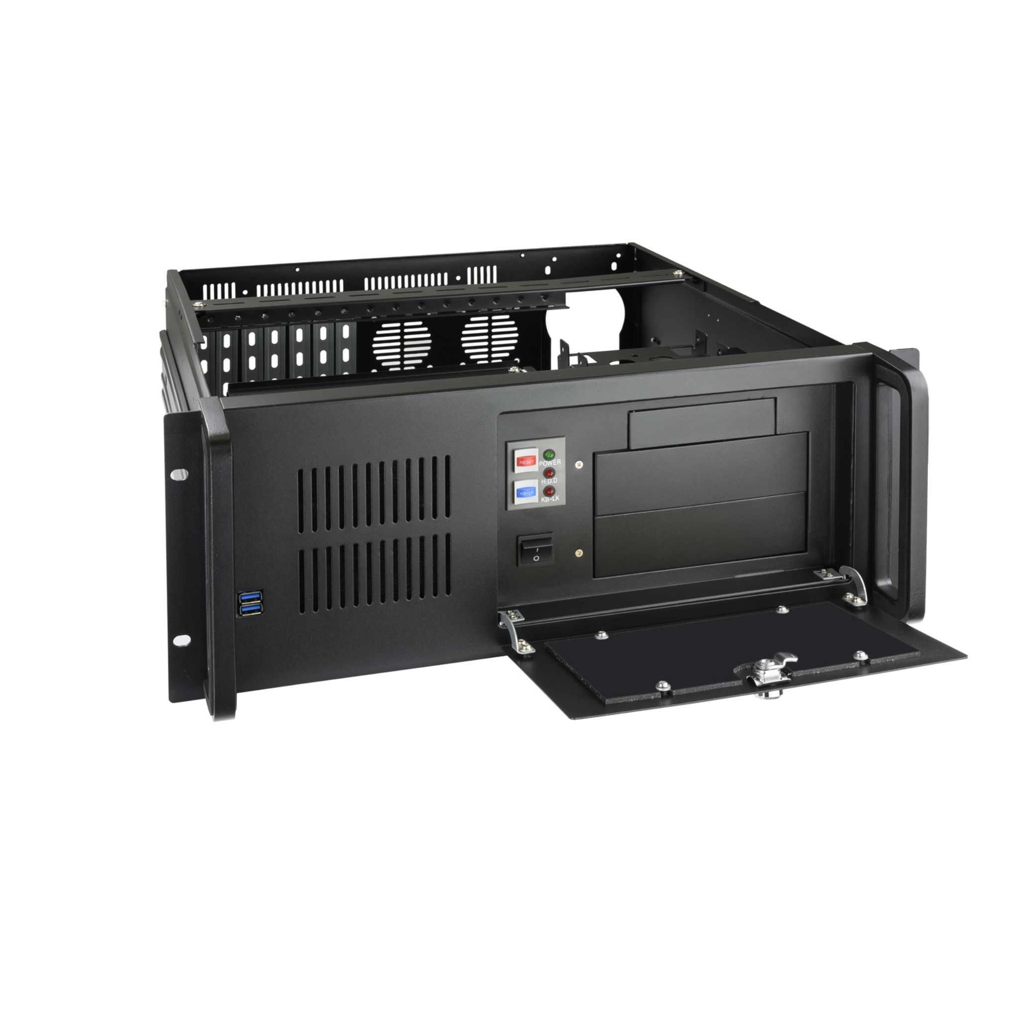 Una carcasa de rack de servidor negra con un panel frontal abierto, que muestra componentes internos y botones de encendido/reinicio. Se ven ventilaciones.