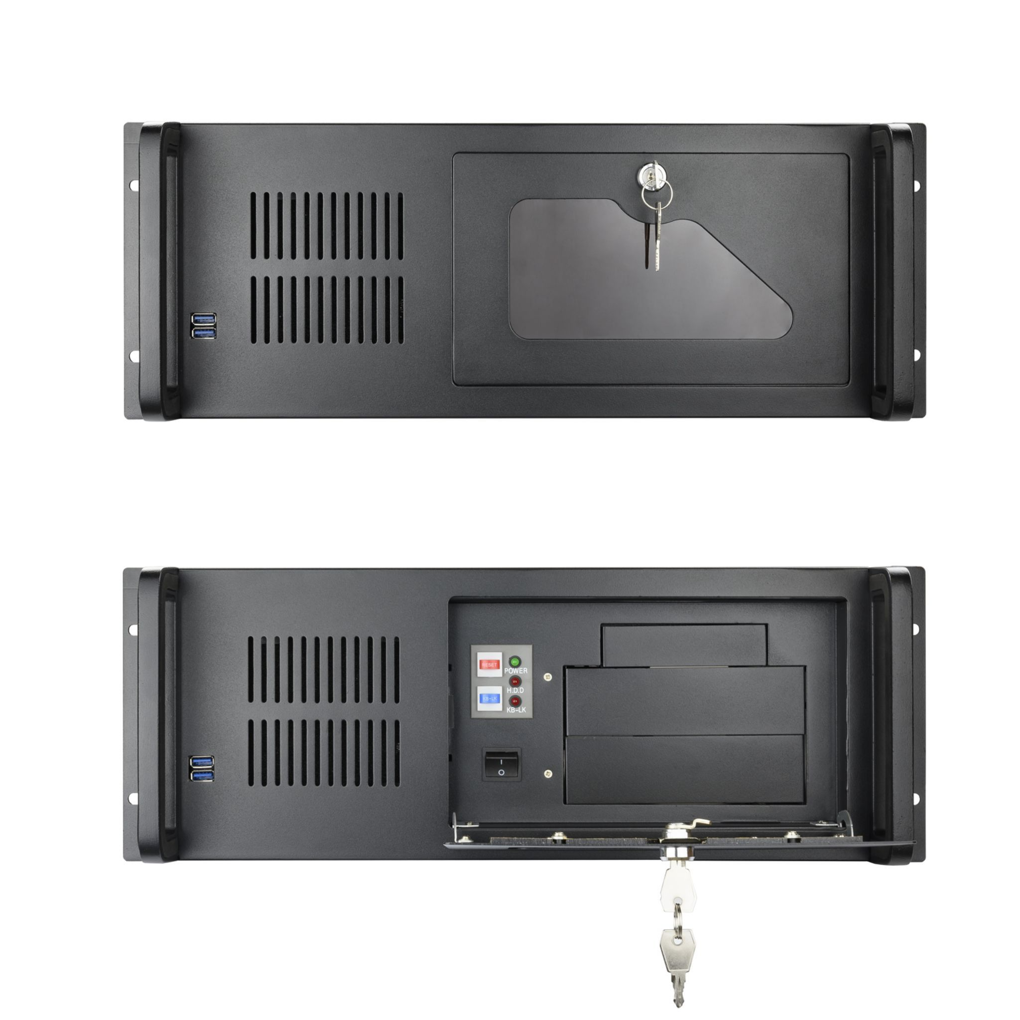 Un rack de servidor negro con cerradura de llave. La sección superior está cerrada. La puerta inferior está abierta.