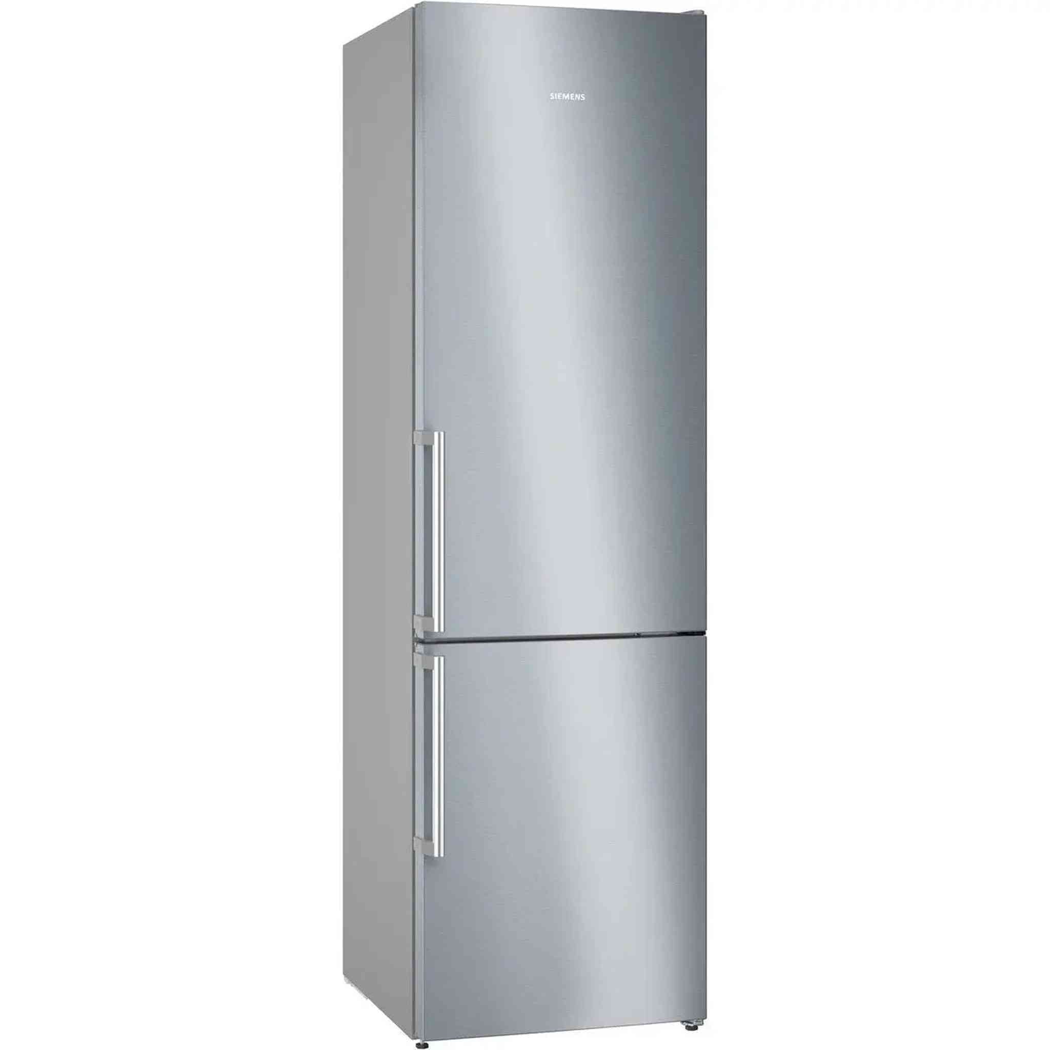 A silver Siemens refrigerator. It has a top and bottom door. The handle is vertical. The brand name is near the top.