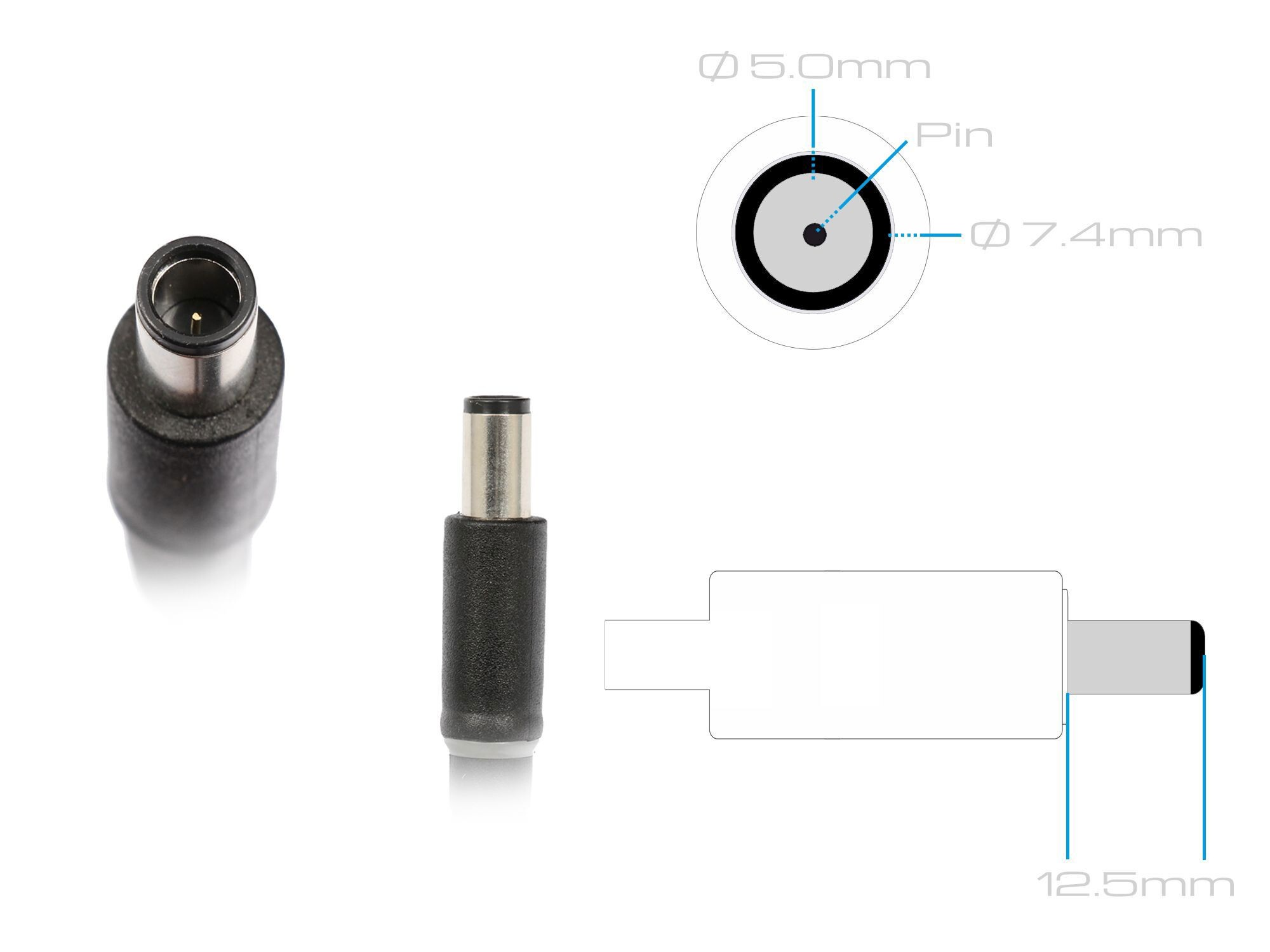 Ein Bild eines Netzteils. Das Bild enthält den Adapter und ein Diagramm mit Messungen des Adapters.