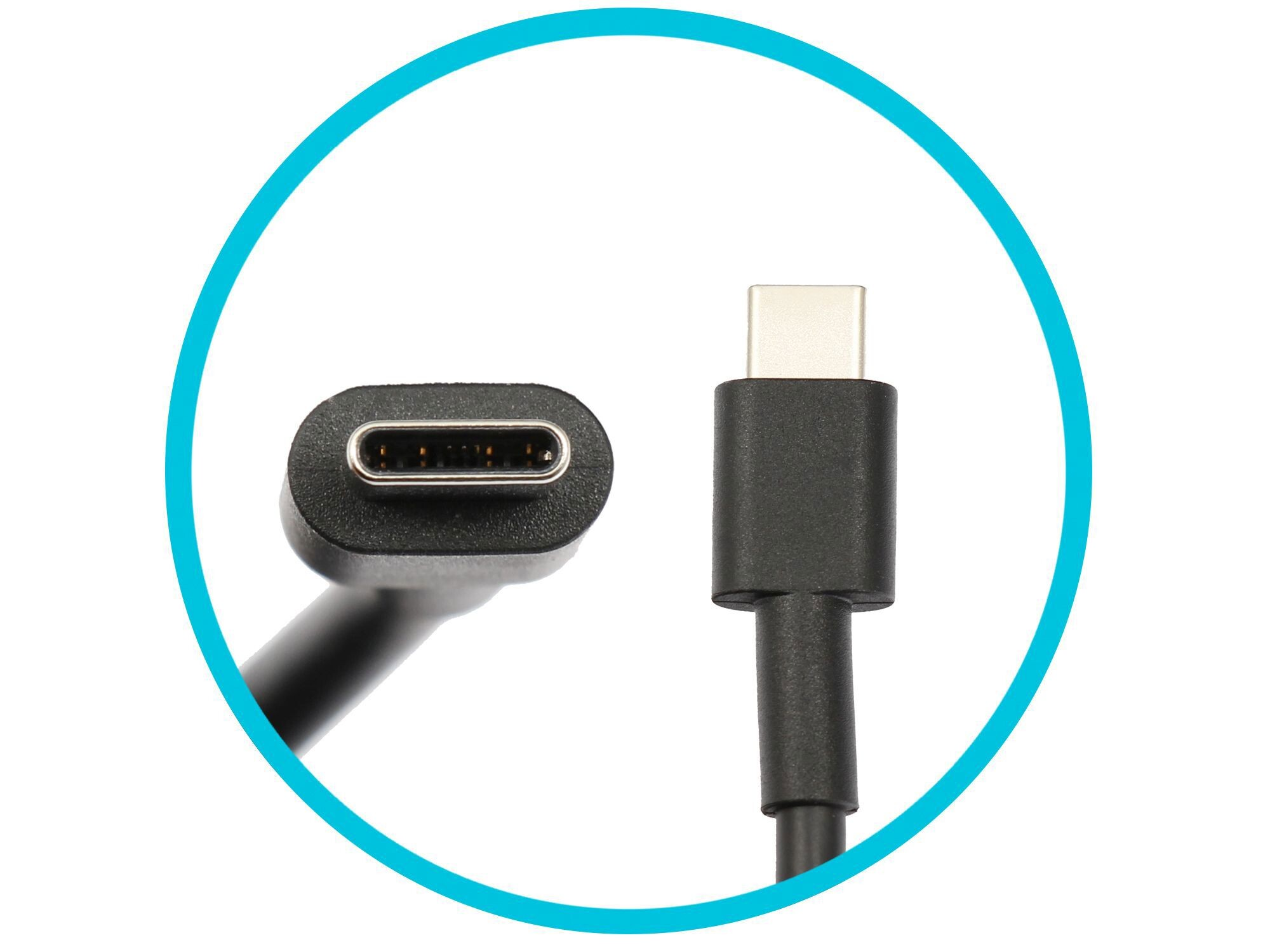 Nahaufnahme von zwei USB-C-Anschlüssen, schwarz mit silbernen Pins. Die Anschlüsse befinden sich vor weißem Hintergrund, umrahmt von einem blauen Kreis.