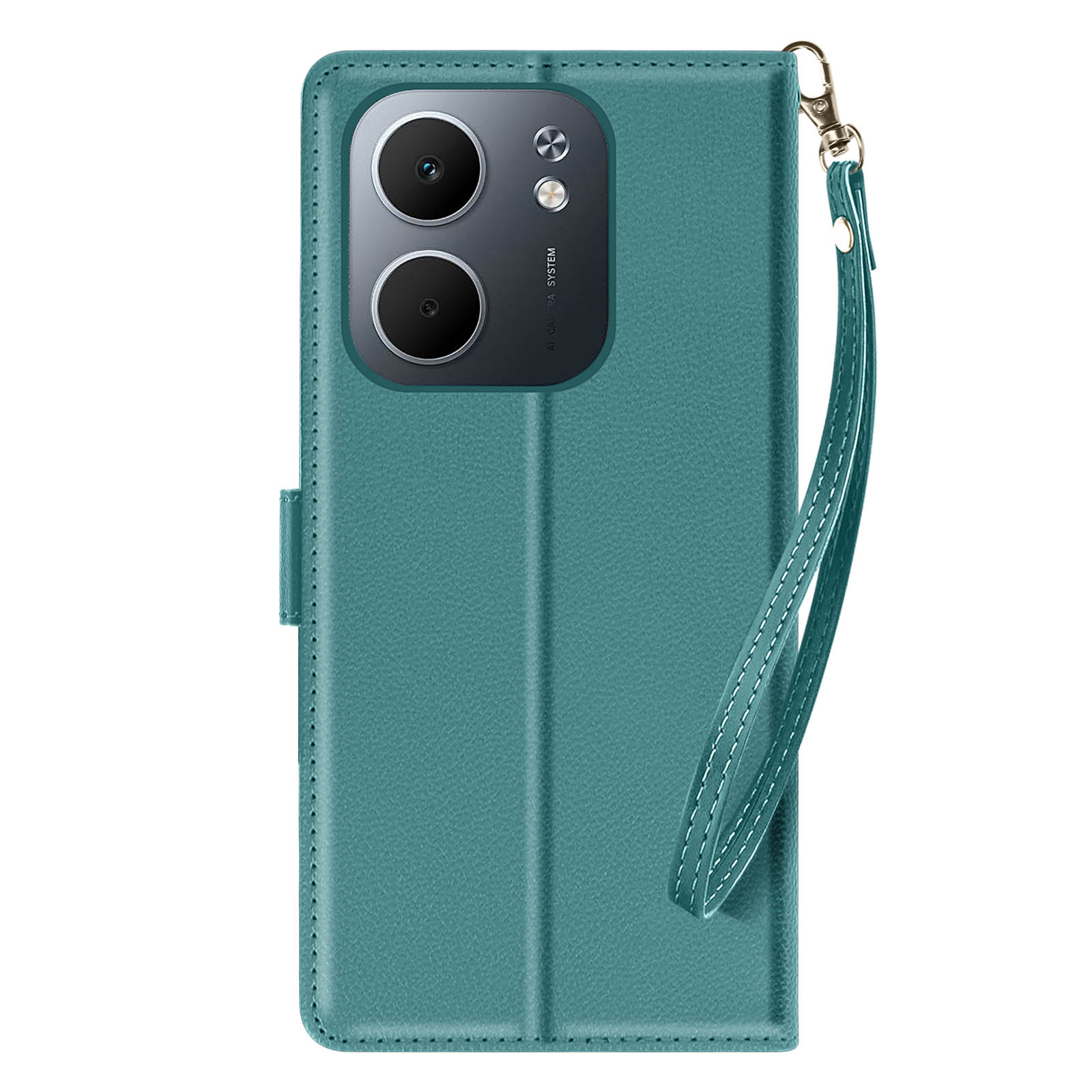 Custodia per telefono verde acqua con modulo fotocamera, cinturino da polso e cuciture bianche su sfondo bianco.