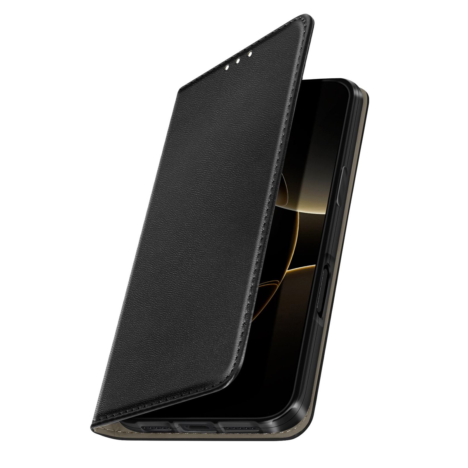 Zwarte telefoonhoes met open klep, onthult een telefoon. De hoes heeft leertextuur. Witte achtergrond.