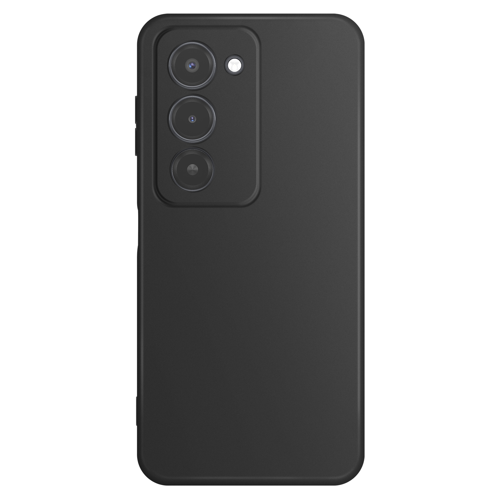 Una custodia nera per smartphone con tre obiettivi e un flash. Lo sfondo è bianco.
