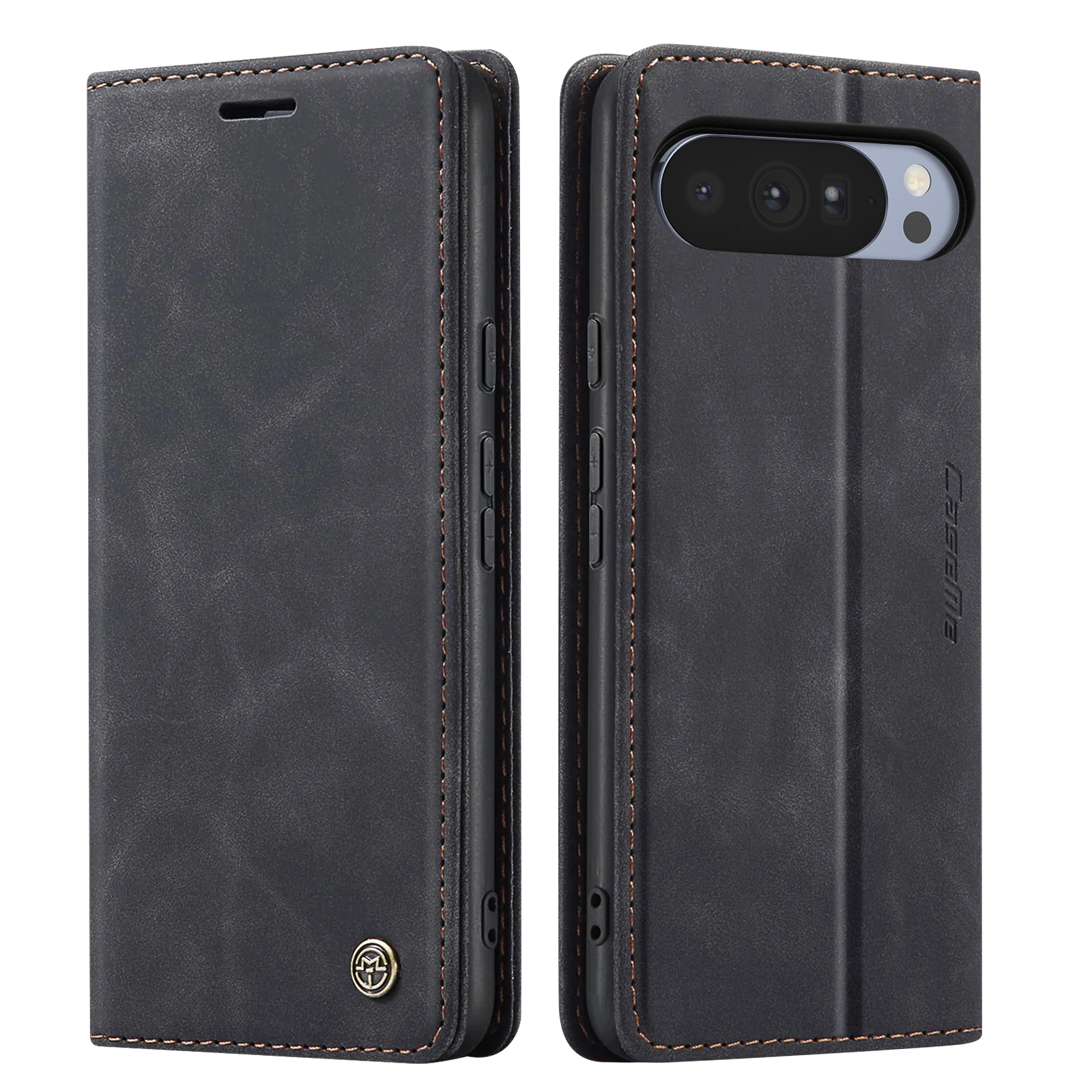 Custodia per telefono in pelle nera con cuciture marroni. La custodia è aperta, rivelando un telefono con fotocamera.