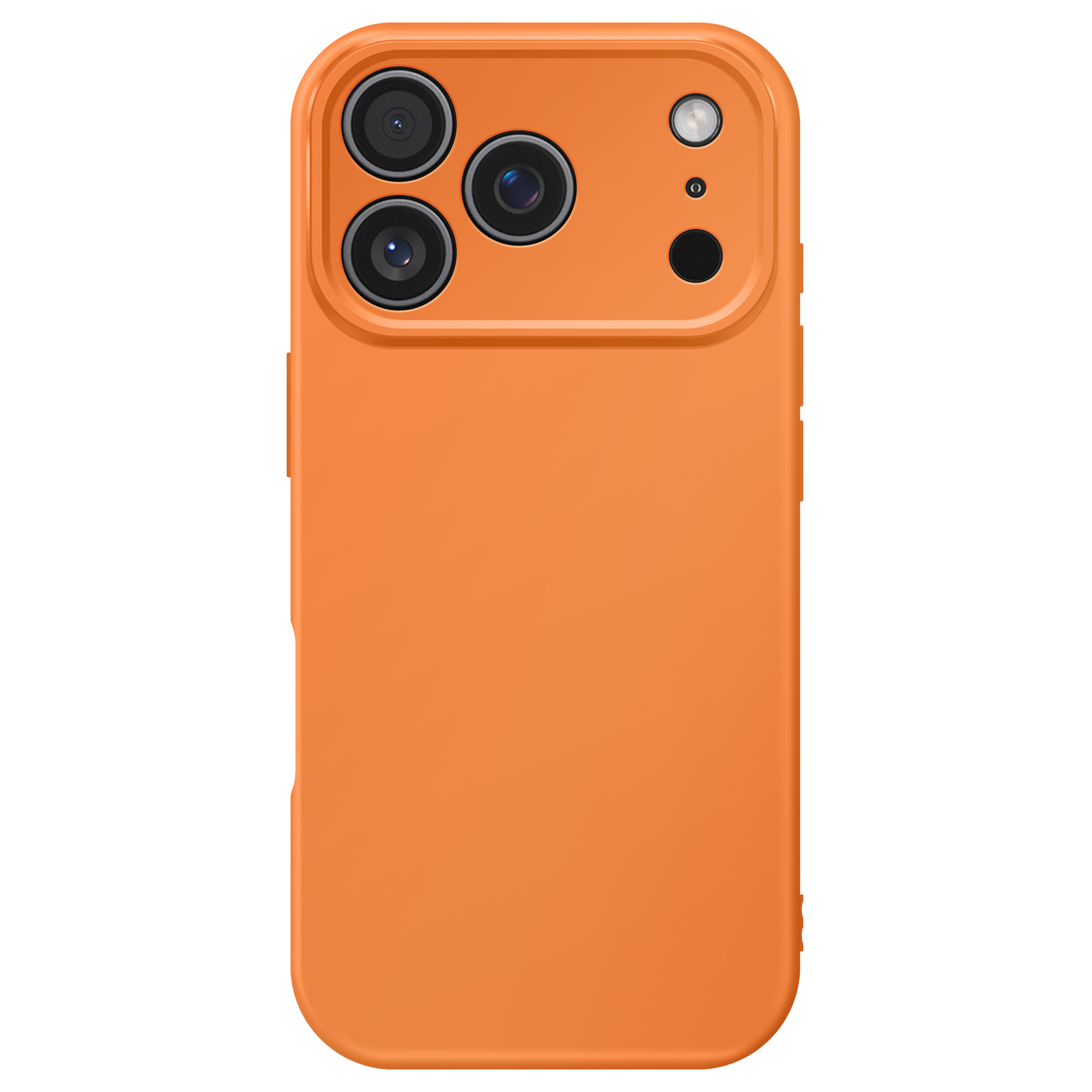 Dos d'étui de téléphone orange avec plusieurs objectifs de caméra et un flash sur fond blanc.