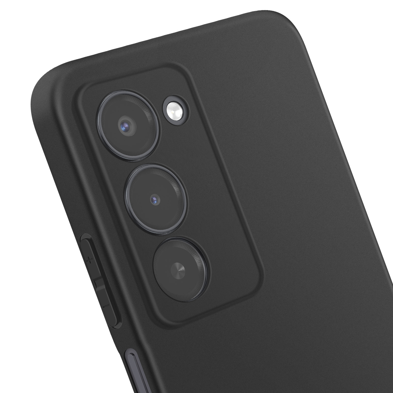 Primo piano di una custodia nera per telefono con tre obiettivi e un flash. La custodia ha i pulsanti del volume.
